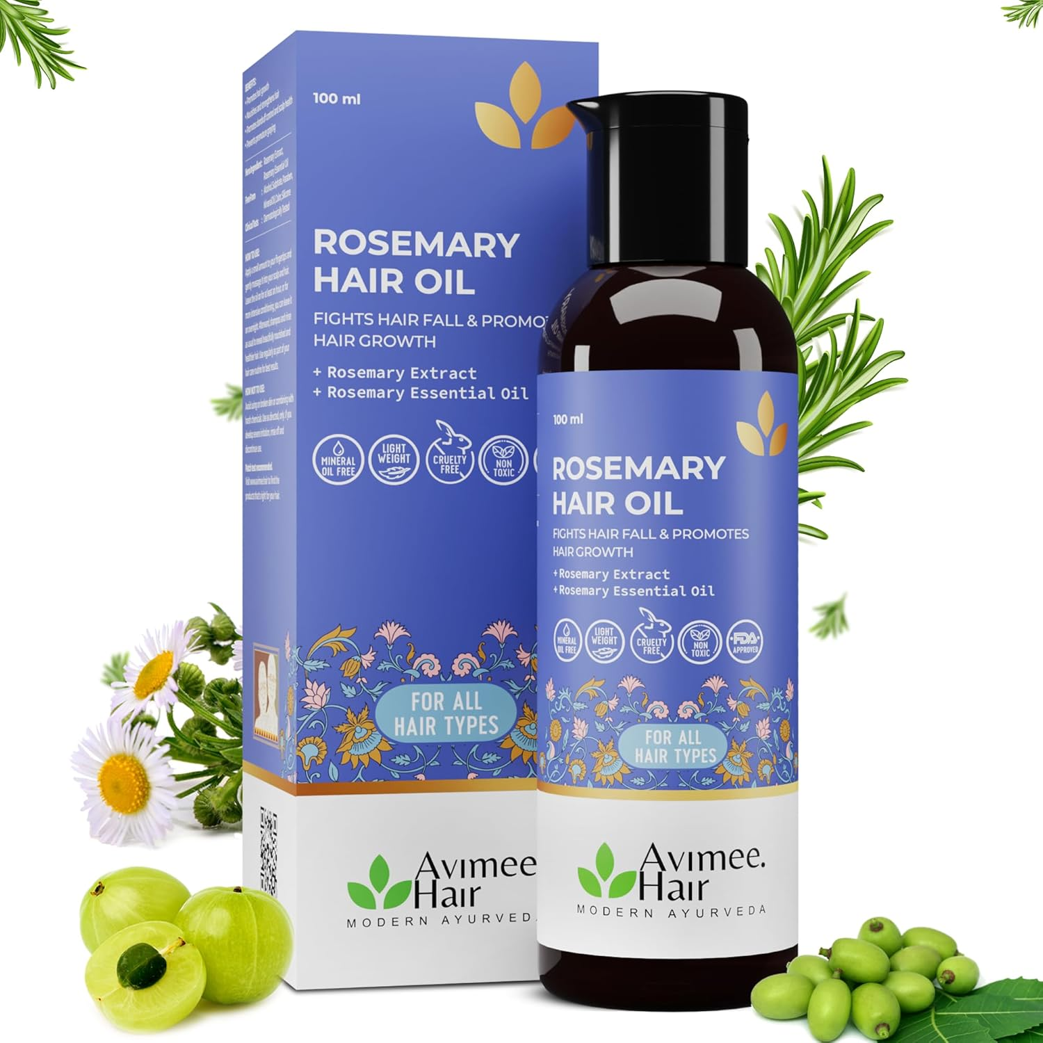 AVIMEE Herbalrosemary Hair Oil | for Hair Growth, Hair Fall Control and Dandruff | 100% Pure & Natural | Mineral Oil Free | 100Ml