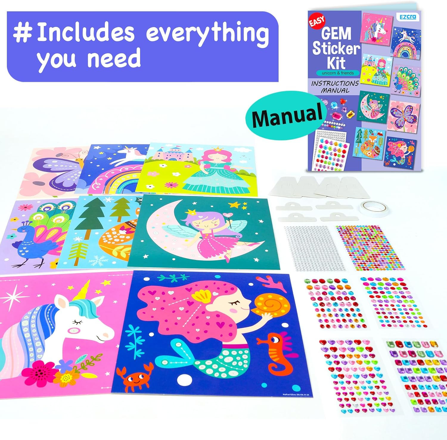 EZCRA Easy Arts and Crafts for Kids - Fun Gem Sticker Kit - 8 Unicorn Princess Themes, 990+ Stickers - Gem Art for Kids - Diamond Art Kits - Gifts for Girls Ages 3-8 image number 5