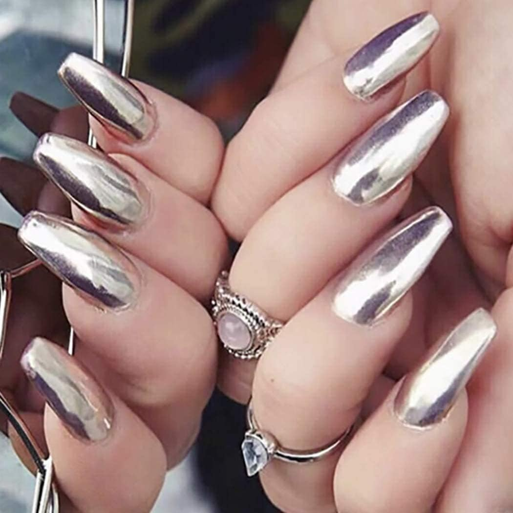 24 Pcs False Nails Tips Silver Long Fake Nail for Women and Girls Art Artificial Extension image number 2