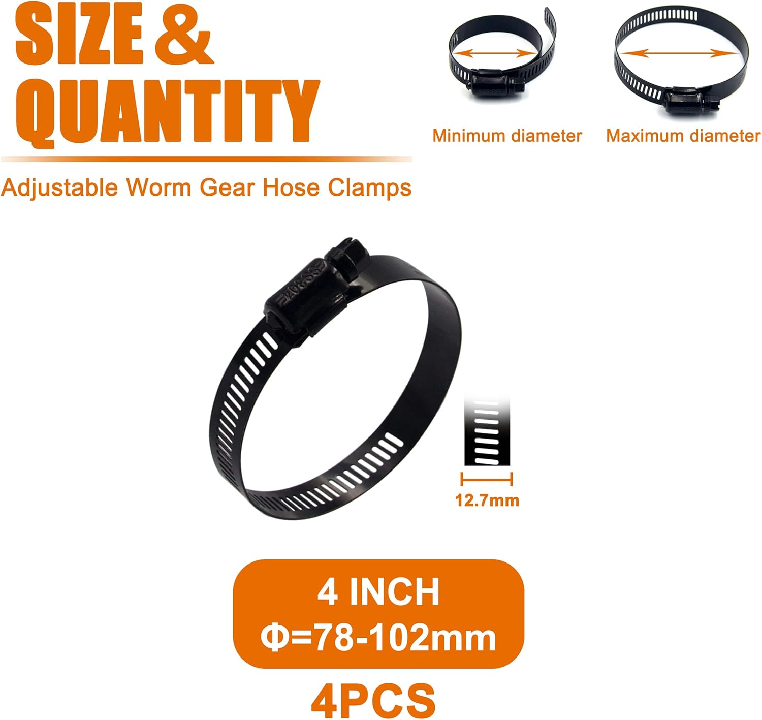 ISPINNER 4Pcs 4 Inch Stainless Steel Adjustable 78-102Mm Size Range Worm Gear Hose Clamp, Fuel Line Clamp for Plumbing, Automotive and Mechanical Application (Black) image number 4