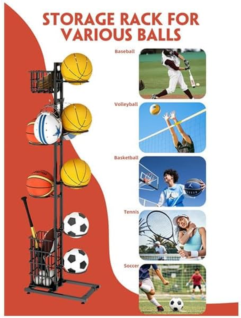 Basketball Storage Rack, Independent Basketball Rack, Sports Equipment Storage Rack with Baskets and Hooks, Suitable for Vertical Ball Racks for Football, Volleyball, Rugby, Basketball, and Badminton. image number 1