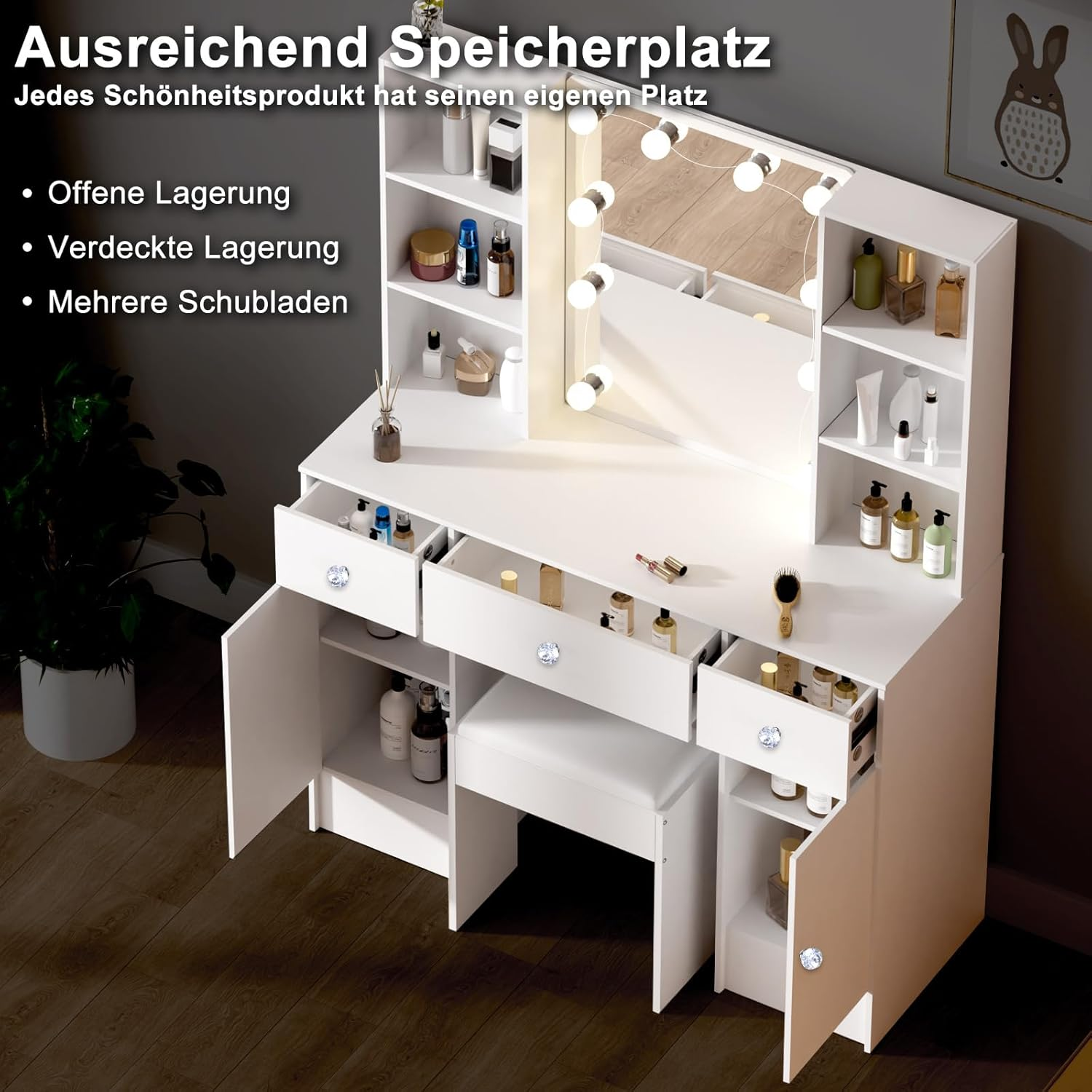 Vanity Table with Mirror and Lights, Vanity Table with 3 Drawers and 2 Doors, Makeup Table with Shelves and Stool, Large Vanity Set for Girls and Women, White image number 4