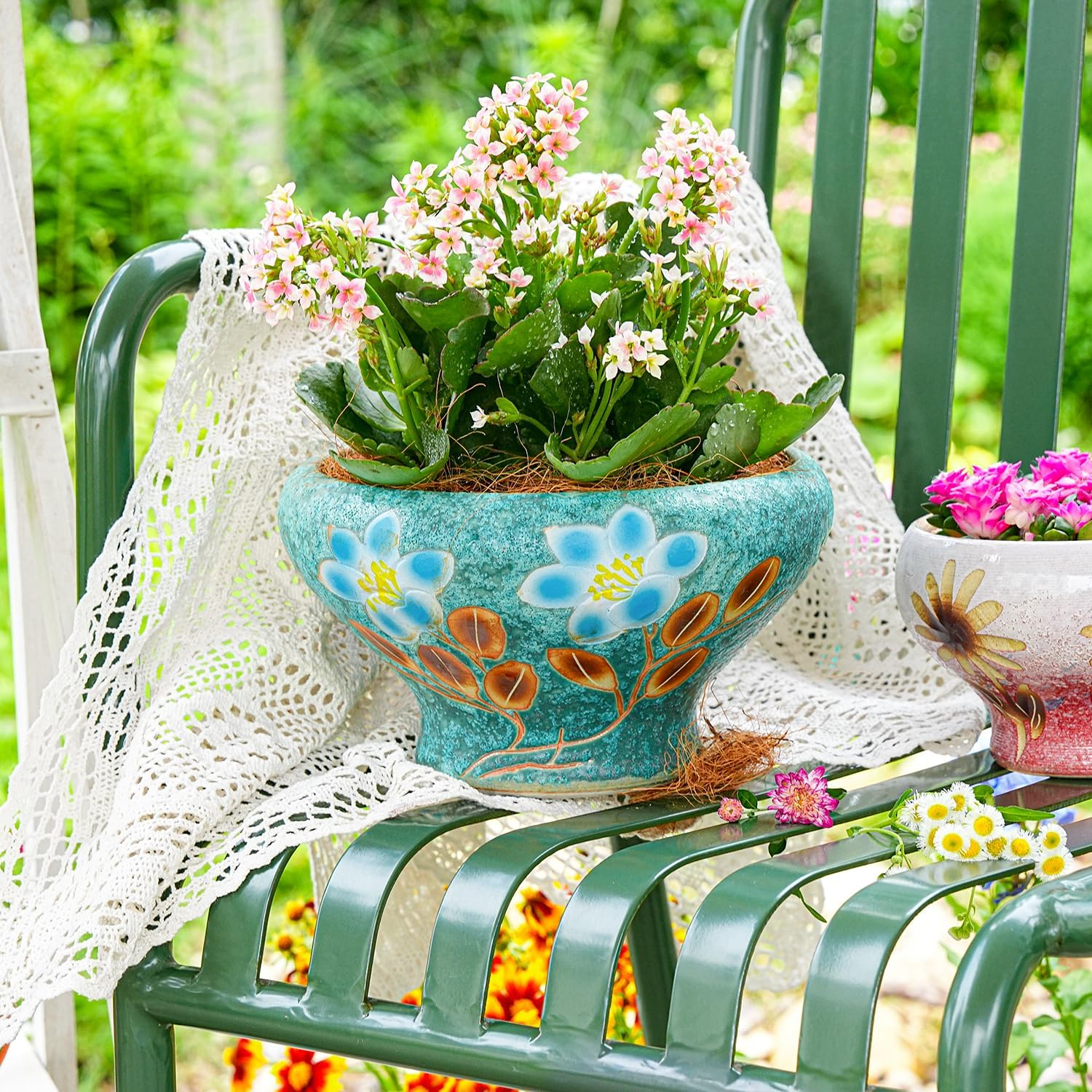 Sungmor Beautiful Handicrafts Ceramic Planters - 9.6 Inch Large Hand Painted Succulent Plant Pot with Drainage - Pretty Desktop Windowsill Landscape Flowerpot - Home & Office Decor Pots image number 5