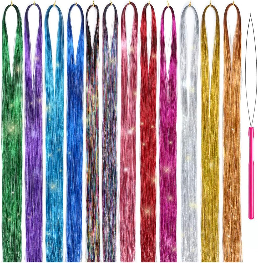 Aufondof Hair Tinsel Kit 12 Colors, 2100 Strands 47 Inches Sparkling Tinsel Hair Extensions with Tool, Glitter Bling Synthetic Hair Streaks for Birthday Halloween Christmas New Year Party image number 2