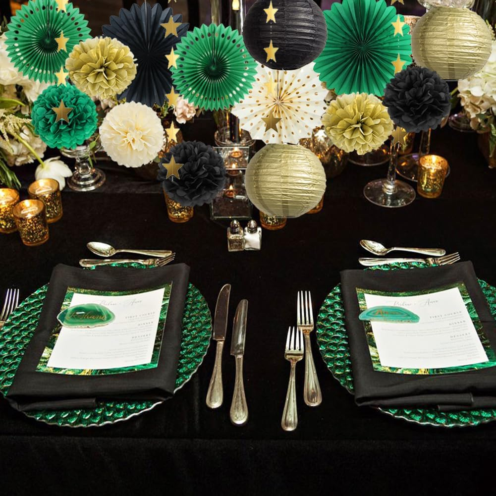 Green Black and Gold Party Decorations Paper Lanterns Black and Gold Tissue Paper Pom Poms Dark Green Black Gold Party Decorations for Fall Birthday Party Birthday Wedding Engagement image number 4