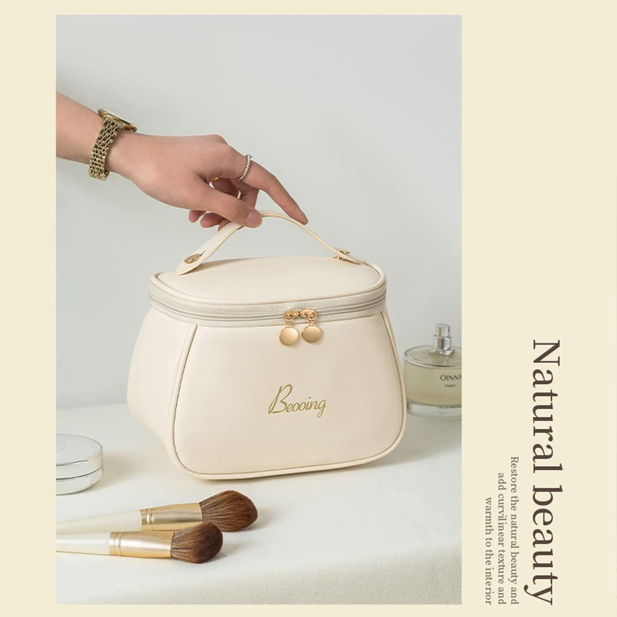 Cube Style PU Modern Simple and Large Capacity Cosmetic Bag for Easy Carrying of Travel Ladies' Makeup Bag (Pink) - Brown image number 4