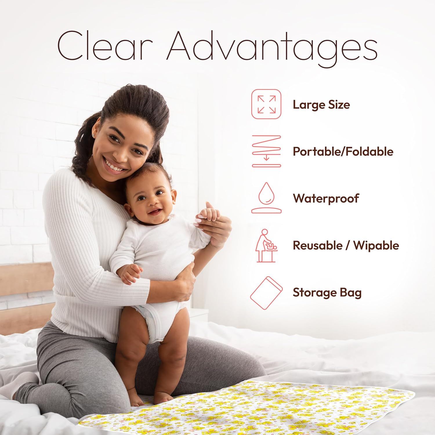 Baby Changing Mat - 31,5 X 25,5 Inch Waterproof Portable Travel Changing Pad - Wipeable Liners with Reinforced Double Seams - Change Diaper on the Go - Foldable Large Baby Nappy Changer Mat - Light Yellow image number 4