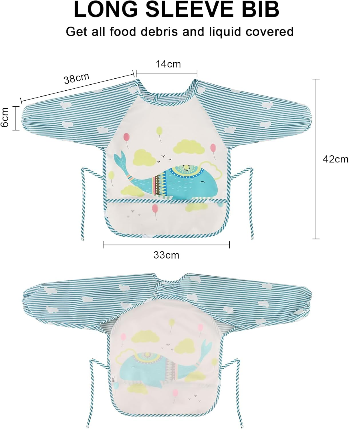 Vancle Baby Bibs with Sleeves, Waterproof Long Sleeve Bib Unisex Feeding Bibs Apron for Infant Toddler image number 6