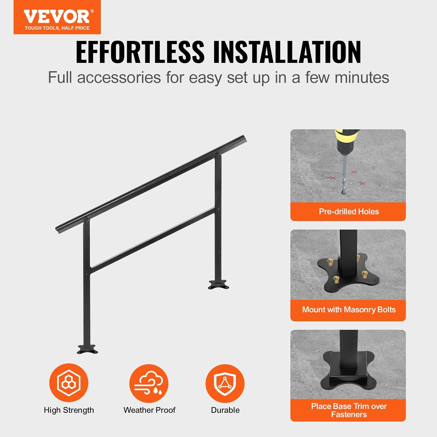VEVOR Black Powder Coated Aluminum Handrail for Outdoor Steps, 3-4 Steps, 48 X 35.5In, 165Lbs Weight Capacity image number 4