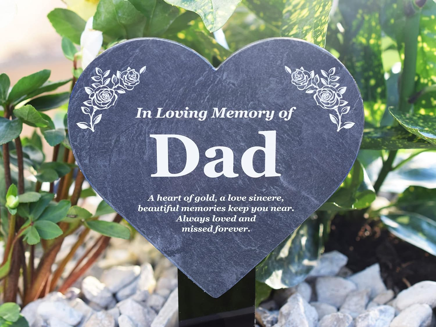 Dad Memorial Heart Shaped Plaque, Grave Marker - Printed with Remembrance Poem, Mounted on a Sturdy Acrylic Stake