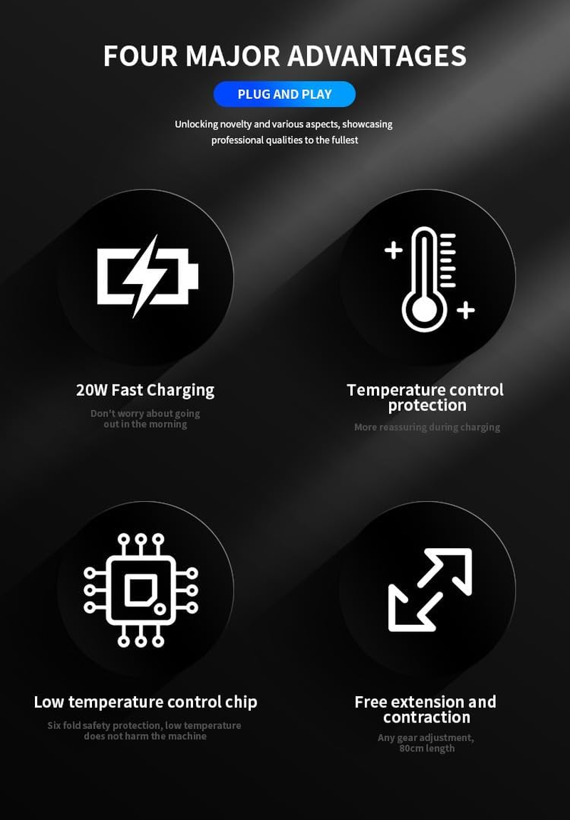 Jiaozoum Retractable Car Charger 4 in 1, with Cord 80Cm, 2 USB C and Car Charger Adapter, Compatible with Iphone 16 15/15 Pro Max/14/13/12/11