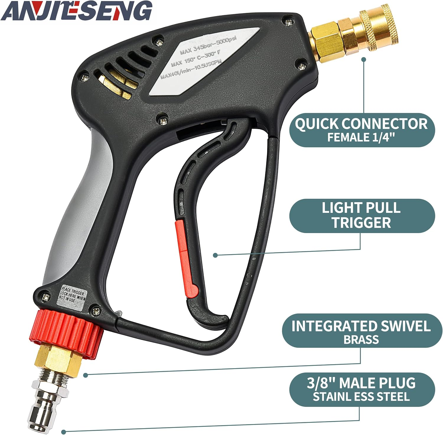 ANJIESENG Pressure Washer Short Gun, 5000 PSI /10.5 GPM Industrial Grade Best for Gas Power Washer with 360 Degree Swivel, 3/8&rdquo; Quick Connector M22 14 Fitting with 1/4" Quick Socket 5 Nozzle Tips image number 5