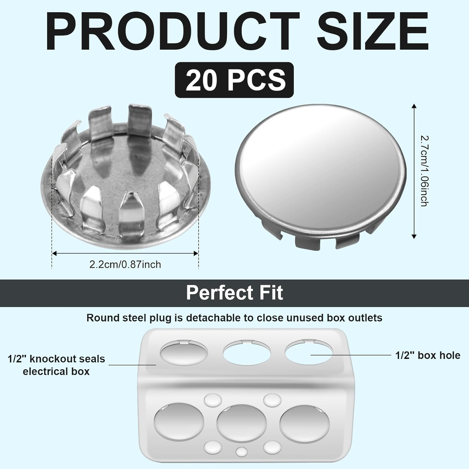 20Pcs Seal Electrical Box Knockout, Removable Electrical Box Knockout round Electrical Panel Knockout Plugs Stainless Steel Knockout Seal for Conduit Pipe (1/2In) Closure Unused Electric Box Outlets image number 6