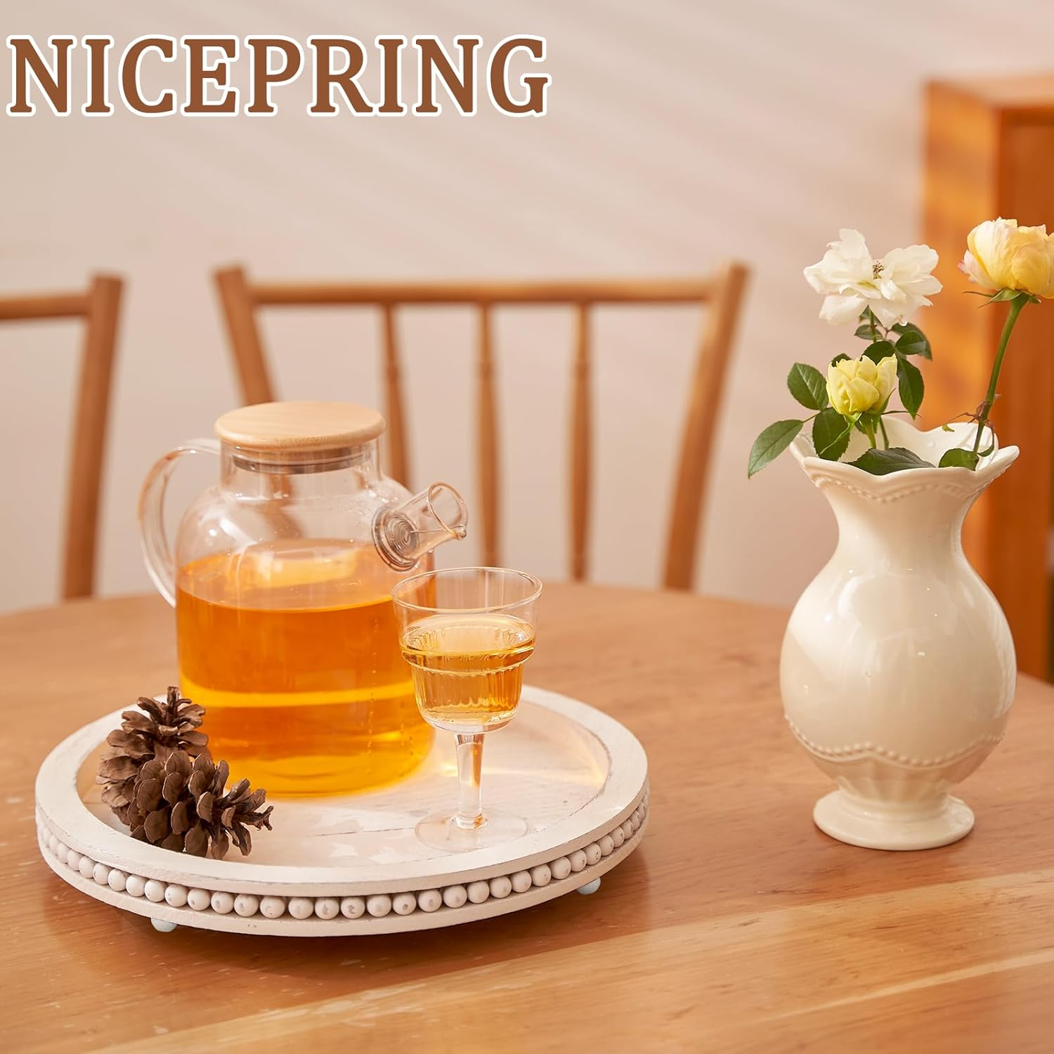 Tray Decor 12" Beaded round Decorative Trays - Rustic Farmhouse Home Decor for Coffee Table Centerpiece, Living Room, Kitchen, Bedroom - White Wood image number 3