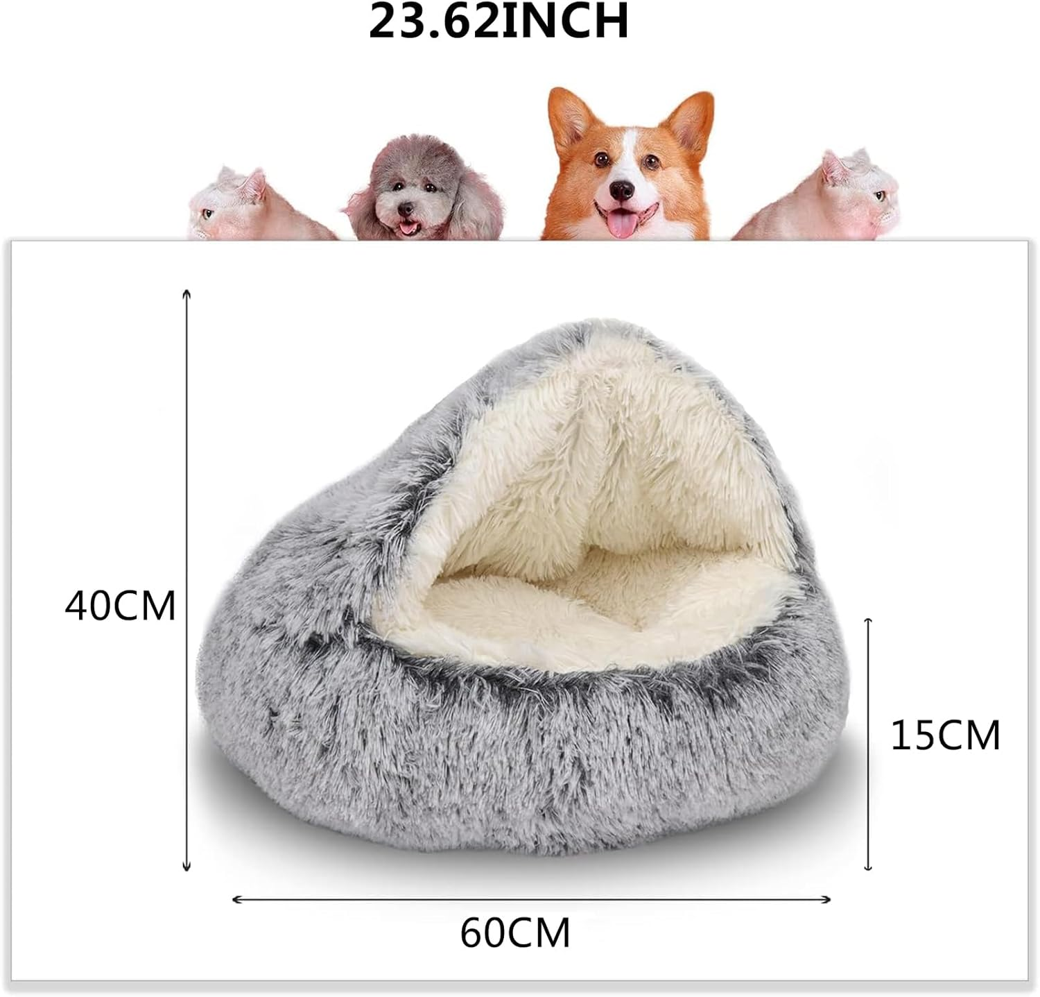 Cat Bed round Plush Fluffy Hooded Cat Bed Cave, Cozy for Indoor Cats or Small Dog Beds, Soothing Pet Beds Doughnut Calm Anti-Nxiety Dog Bed - Waterproof Bottom Washable (Grey, 60Cm) image number 6