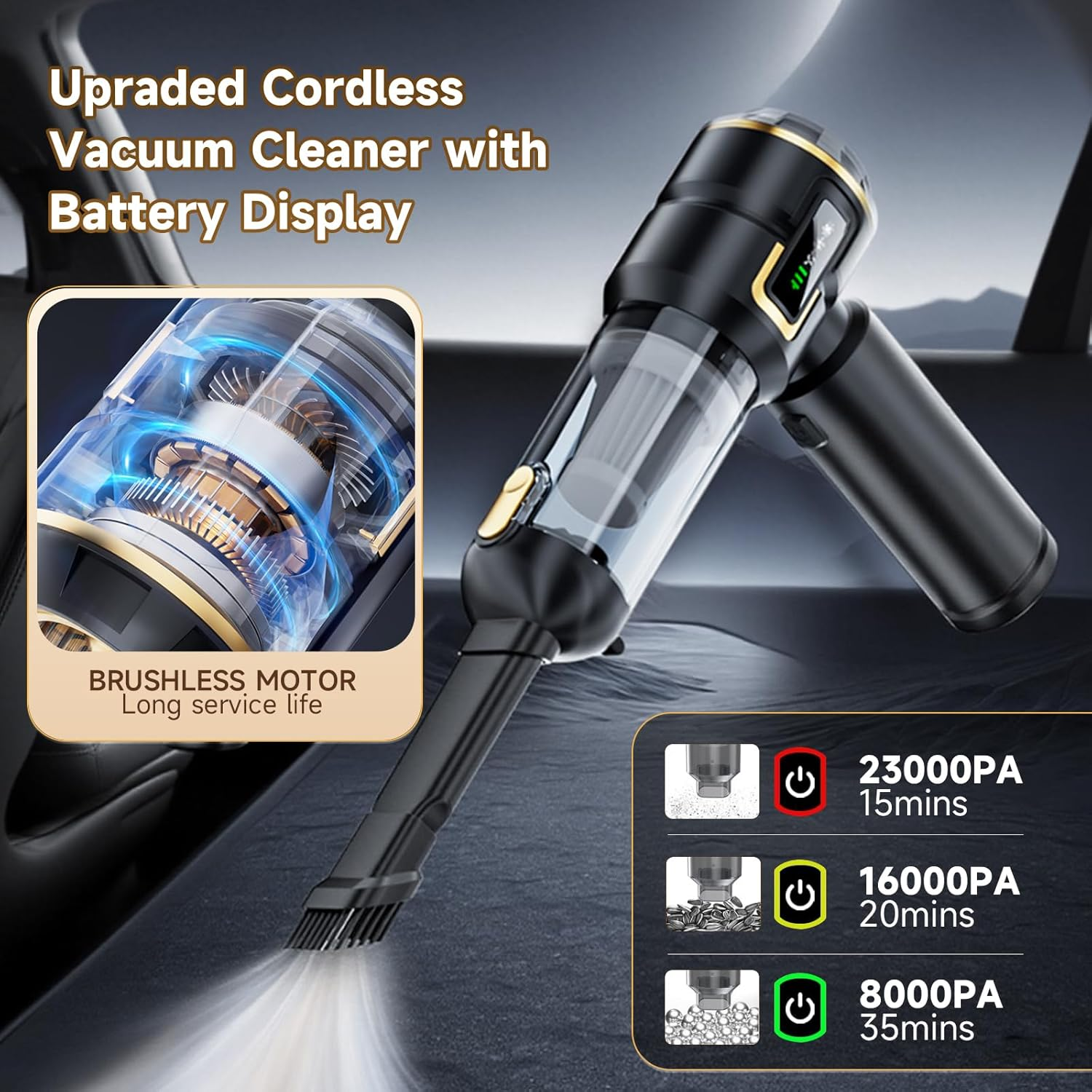 Car Vacuum Cleaner Cordless with Battery Display, 23000PA Mini Handheld Vacuum Cleaner, 4-In-1 Compressed Air Duster & Air Blower & Pump Hand Held Vacuum with Brushless Motor for Car, Home, Office image number 1