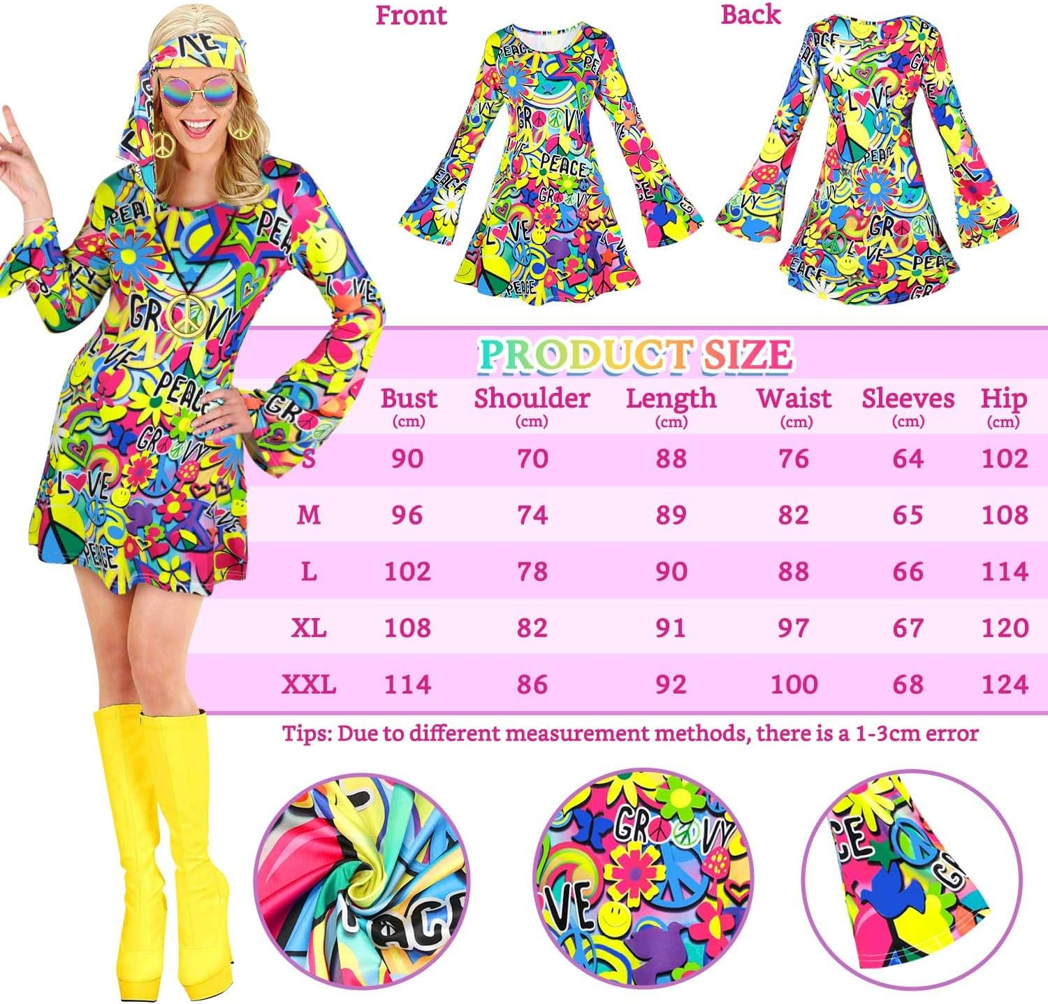 AUTOWT 70S Hippie Costume Women - 7 PCS Disco Dress with Headband Sunglasses Earrings Necklace Daisy Flower Crown, Hippy Disco Clothes Outfit for Fancy Halloween Cosplay Carnival 70S 80S Party image number 1