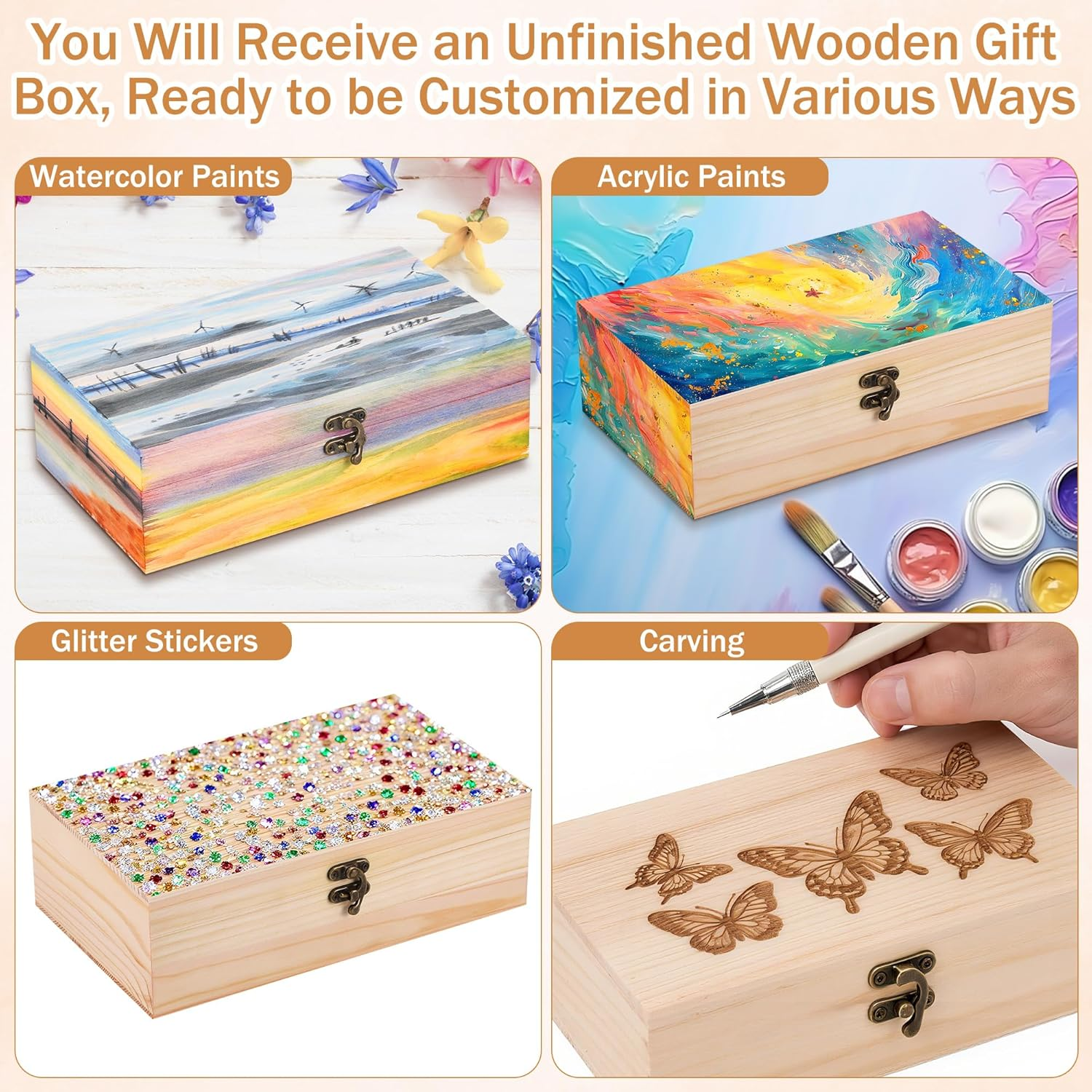 Unfinished Wooden Box with Lid, 25X15X8Cm Small Wooden Box with Hinged Lid & Locking Clasp, Pine Wood Small Wood Crate Boxs, Arts and Crafts Storage Box for Home Table Decoration Keepsake image number 4