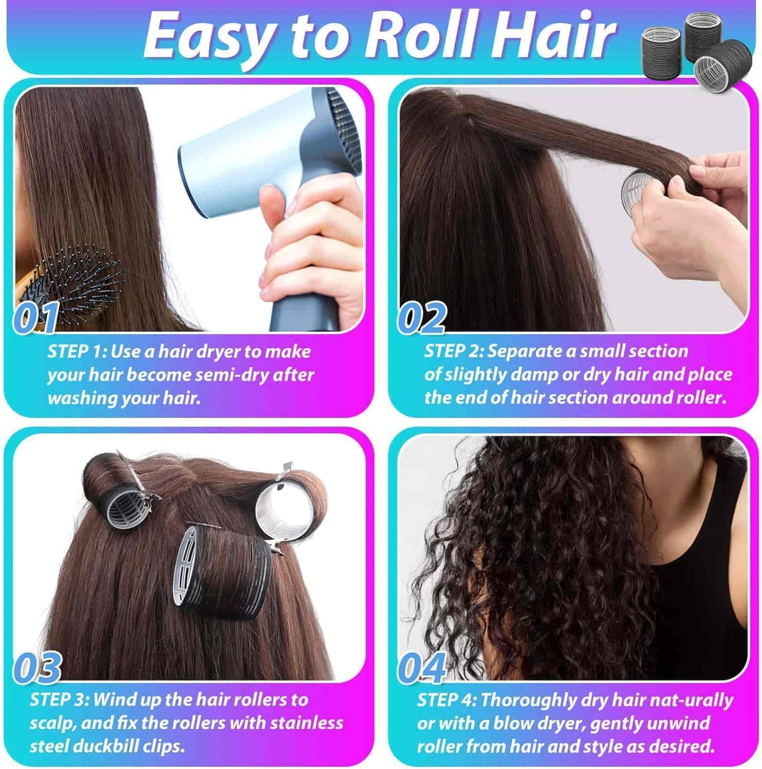 Curlers 48 Pcs Set with 24Pcs 4 Sizes (6 Jumbo/6 Large/6 Medium Rollers/6 Small Rollers) and 24 Pcs Clips for Long Medium Short Hair (Black) image number 2