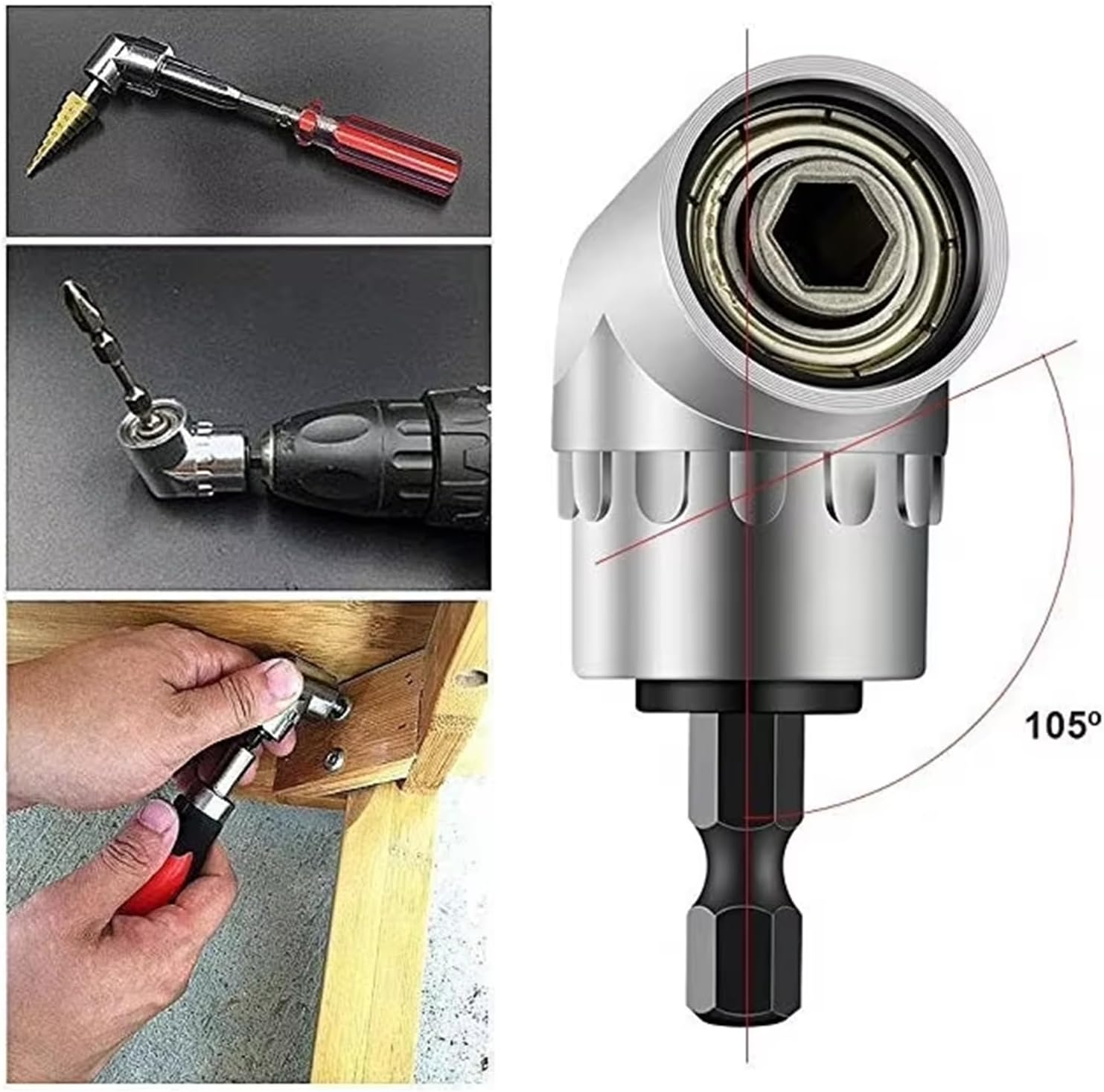 Rhoyee 105&deg; Right Angle Drill Adapter &ndash; 1/4" Hex Shank, Magnetic Quick-Change Bit Holder &ndash; Power Screwdriver & Drill Extension for Tight Corners, Hard-To-Reach Areas, DIY & Professional Use image number 3