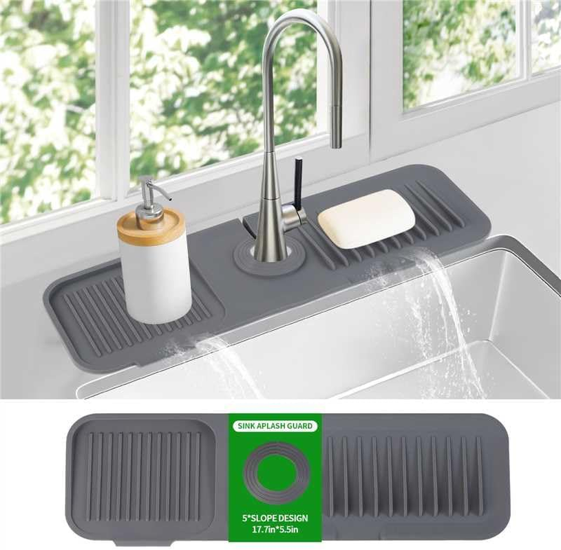 Dolic Faucet Mat for Kitchen Sink, Silicone Splash Guard with Rapid Drying & Dish Soap Sponge Holder, Perfect for Kitchen & Bathroom (Black, 61 X 15Cm)