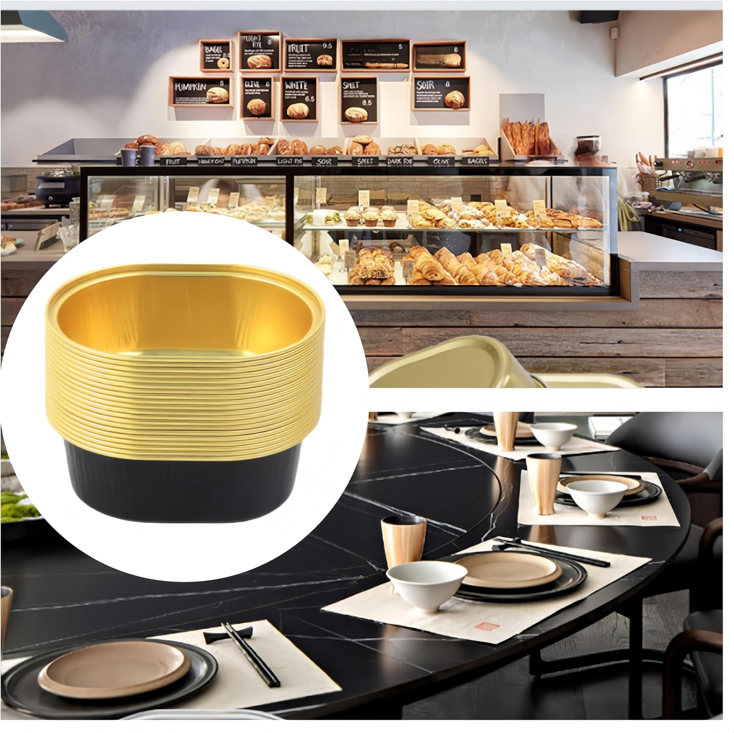 100Pcs Aluminum Foil Cupcake Cups with Lids, Ai-Oumleef Aluminum Foil Oval Cake Pans Cupcake Liners Heat-Resistant Foil Baking Cups Muffin Pan for Cake Cheesecake Pudding (Black Gold) image number 4