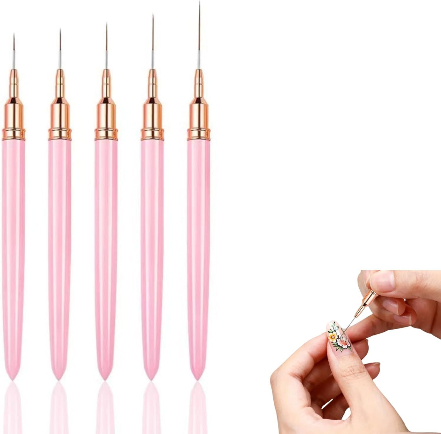 Kalione 5Pcs Metallic Nail Art Brushes Fine Line Nail Art Brush Set, Painting Design Brush Set Dotting Drawing Tool for Long Lines, Thin Details, Fine Drawing Sizes 4/8/12/20/25Mm, Pink
