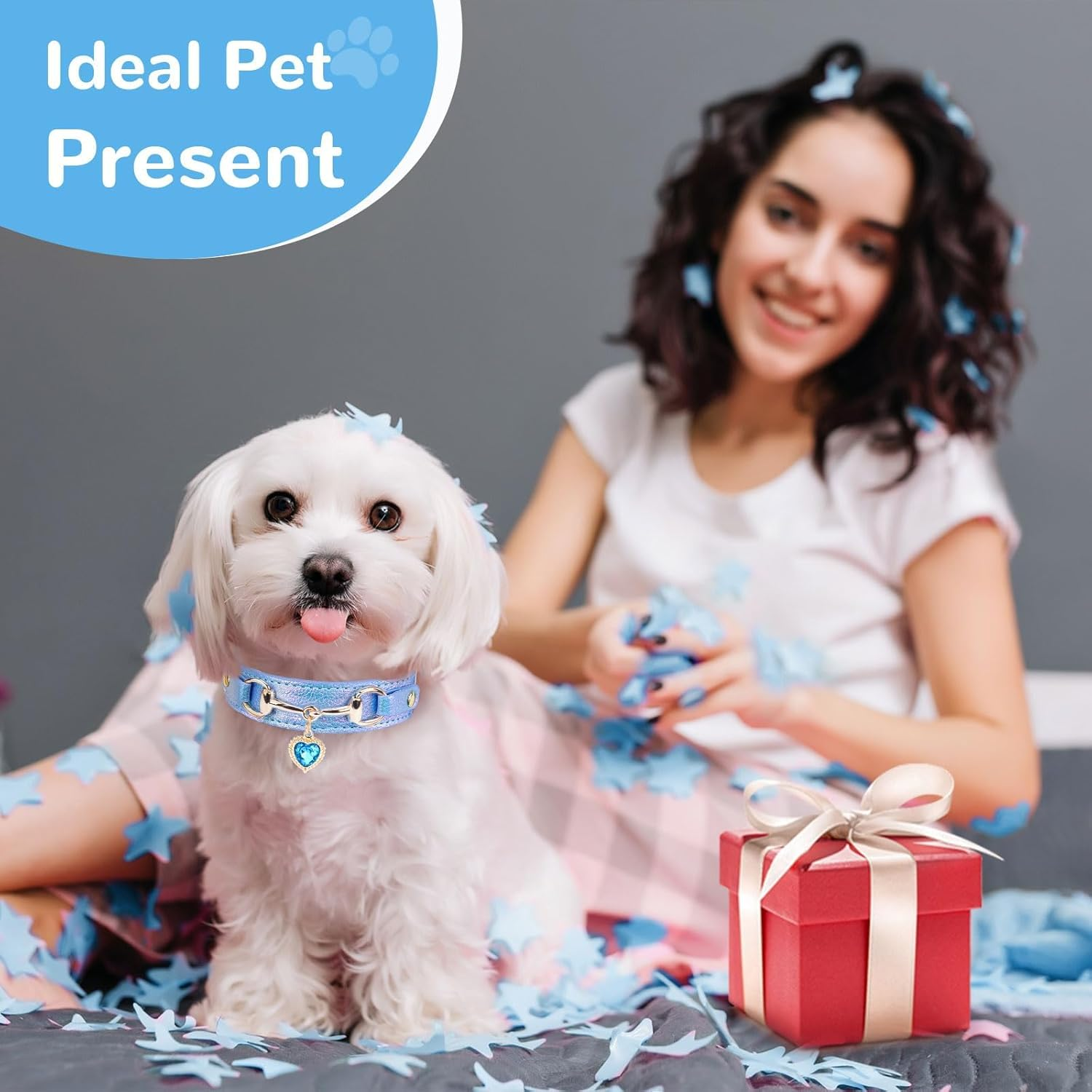 Cute Small Dog Cat Collar, Unique PU Leather - Bling Sparkle in the Sunlit, Puppy Collars with Rhinestone Heart Pendant, Pet Dog Necklace Collar Chihuahua (Blue, XS (Neck 8"-10")) image number 3