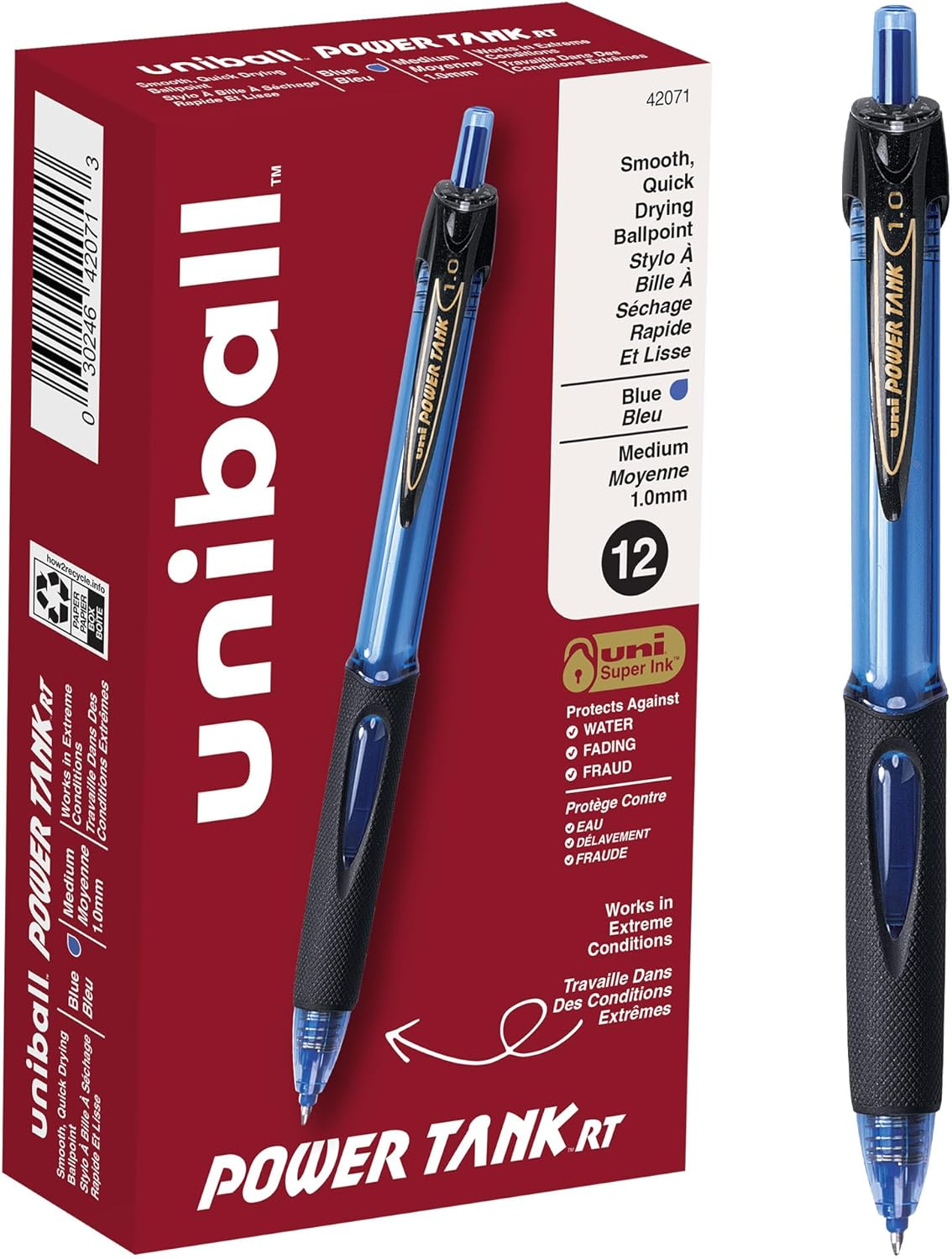 Uni-Ball Power Tank Retractable Ballpoint Pens Medium Point, 1.0Mm, Blue, 12 Pack image number 5