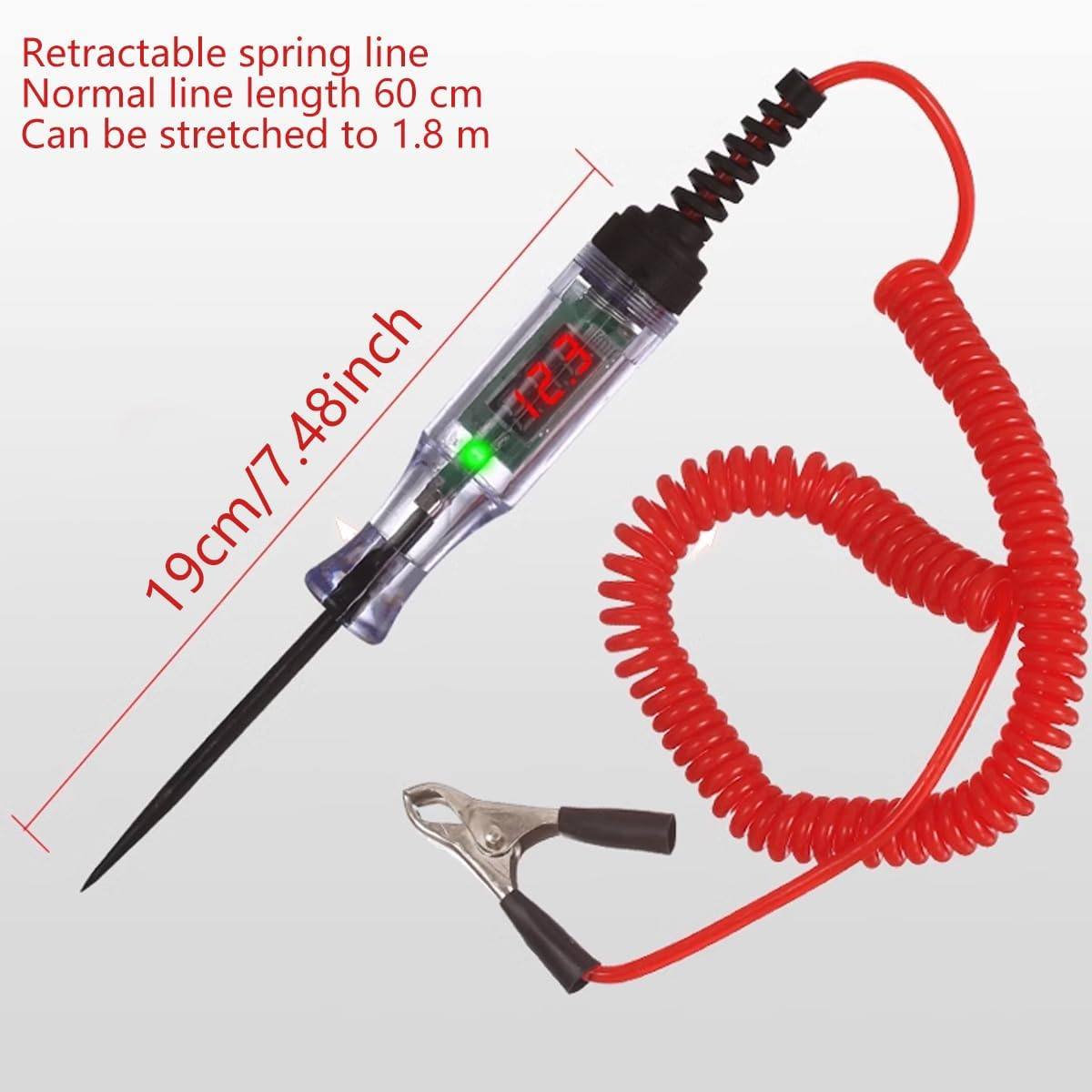 AIMALL 6-24V Digital Electric Circuit Tester, LCD Test Light Car Truck Voltage Probe Pen, Extendable Cable, 1.8-7Ft, Insulative ABS Handle image number 2