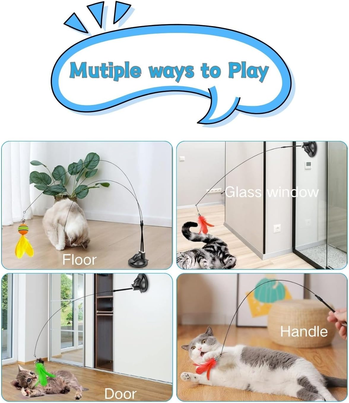 20 Pack 4-In-1 Interactive Cat Feather Toys Set | 2 Wands, 1 Super Suction Cup & 11 Replacements (Feathers, Balls, Mice) | Door-Hanging Teaser Toys for Indoor Cats & Kittens - Exercise & Chase Play image number 1