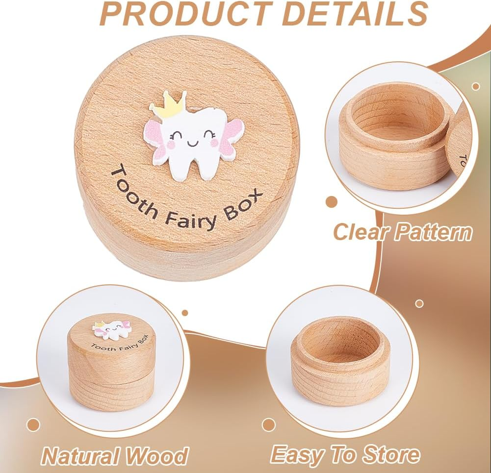 1Pc Wooden Teeth Keepsake Organizer Boxes Wood Tooth Storage Box with White Tooth with Wing Pattern Memory Box for Parents Teeth Collection image number 3
