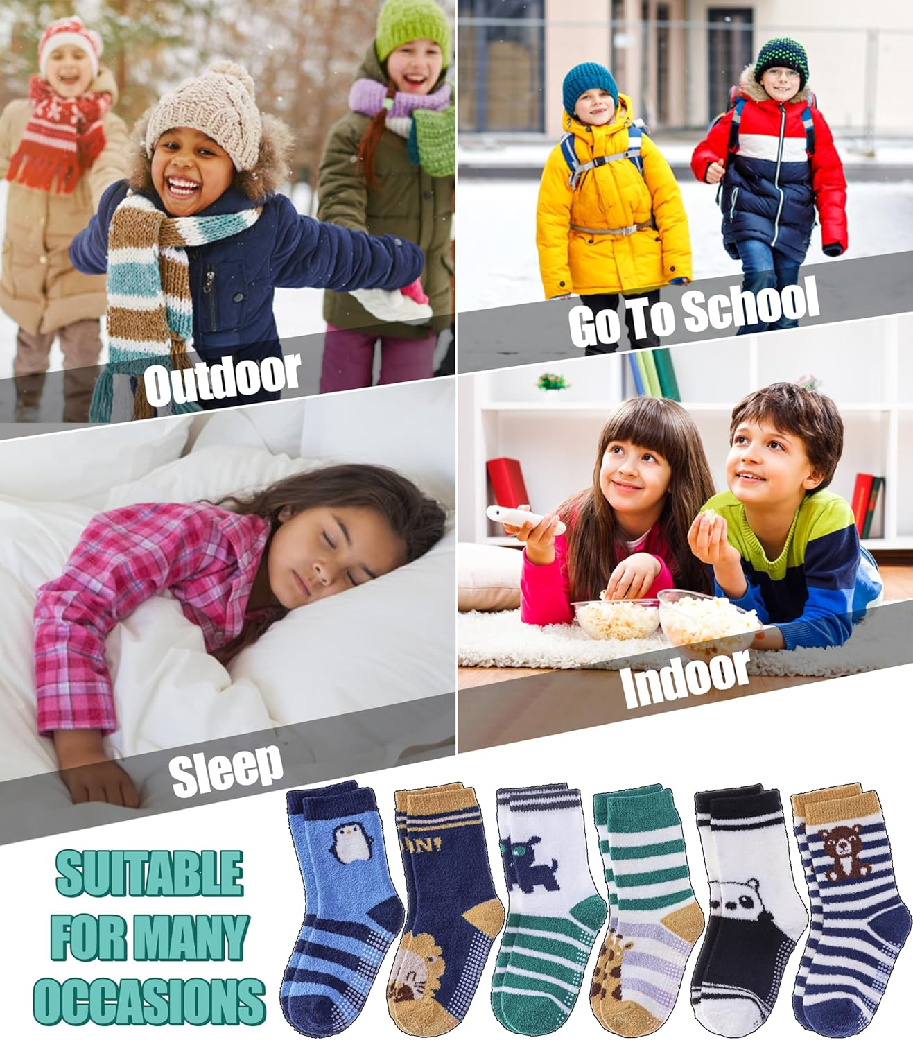 LINEMIN Kids Boys Toddlers Fuzzy Socks with Grips Cute Fun Animal Cozy Fluffy Winter Warm Non Slip Crew Socks 6 Pairs image number 6
