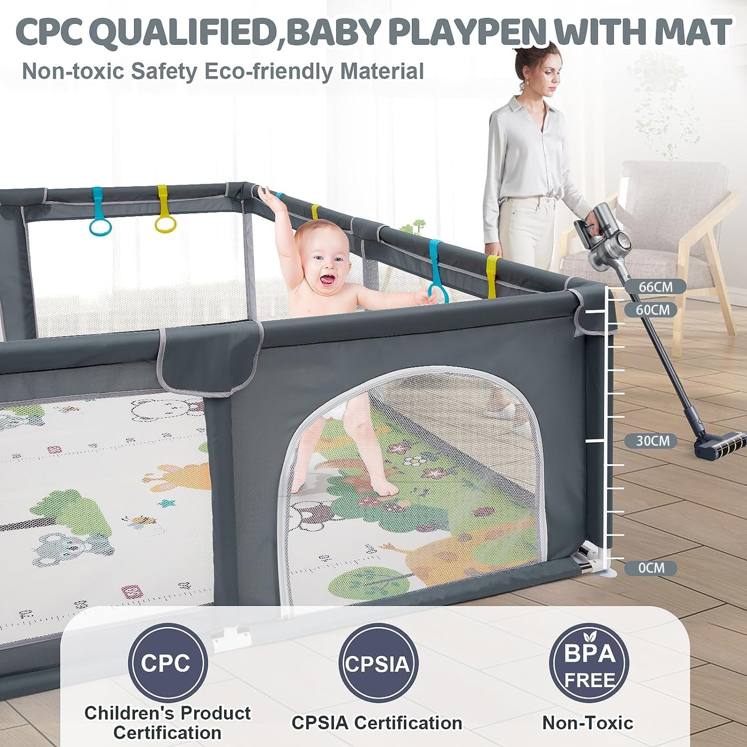 Large Baby Playpen with Mat - 200 X 180 Cm Baby Play Yard for Toddler Indoor & Outdoor Kids Activity Center, Sturdy Safety Play Yard with Soft Breathable Mesh image number 2