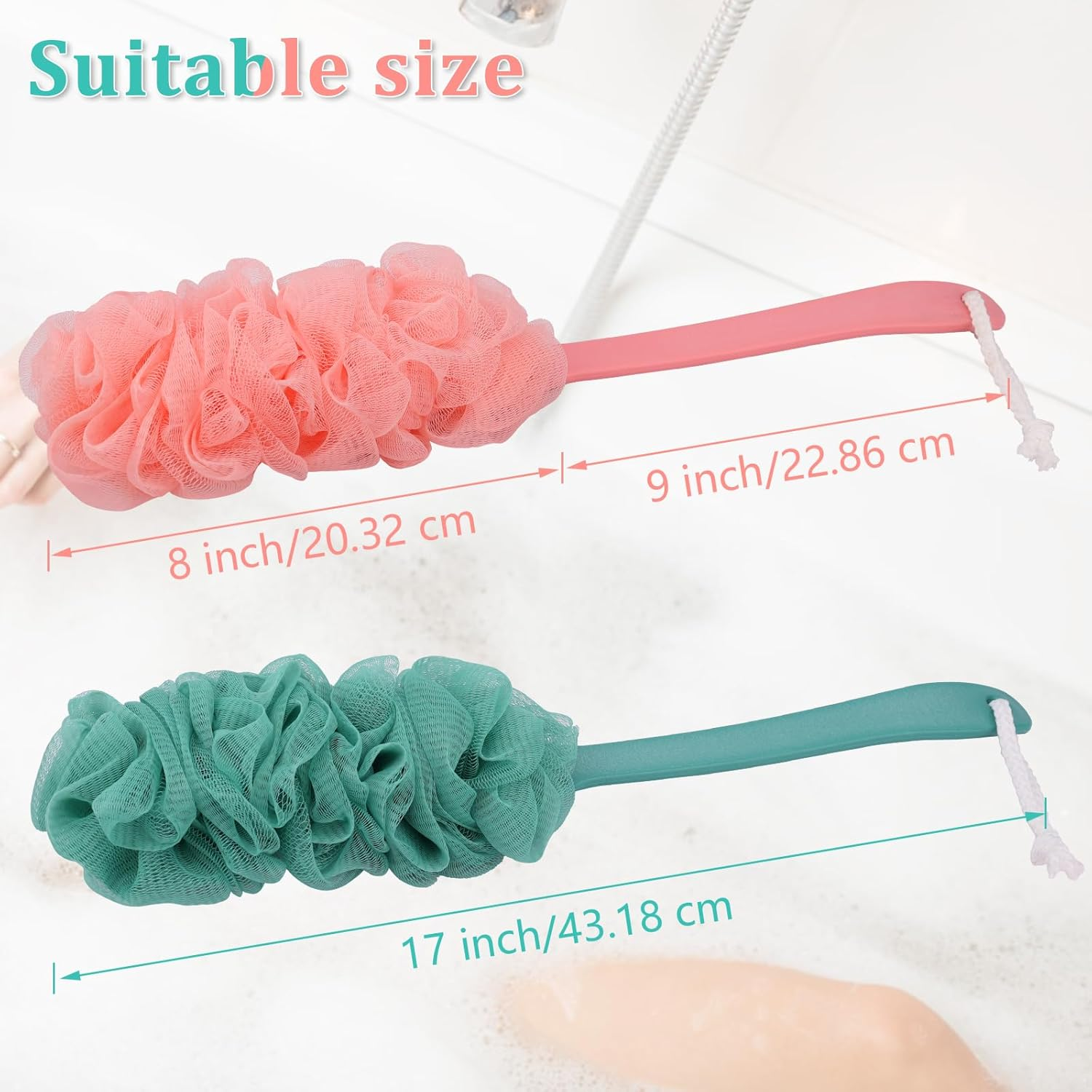 2 Pack Back Scrubber Brush Shower Loofah for Men or Women 17&Prime; Body Scrubber Long Handle Sponge with Bath Brush Net Soft Mesh Back Washer (Pink & Green) - Pink 2P  Green 2P image number 3