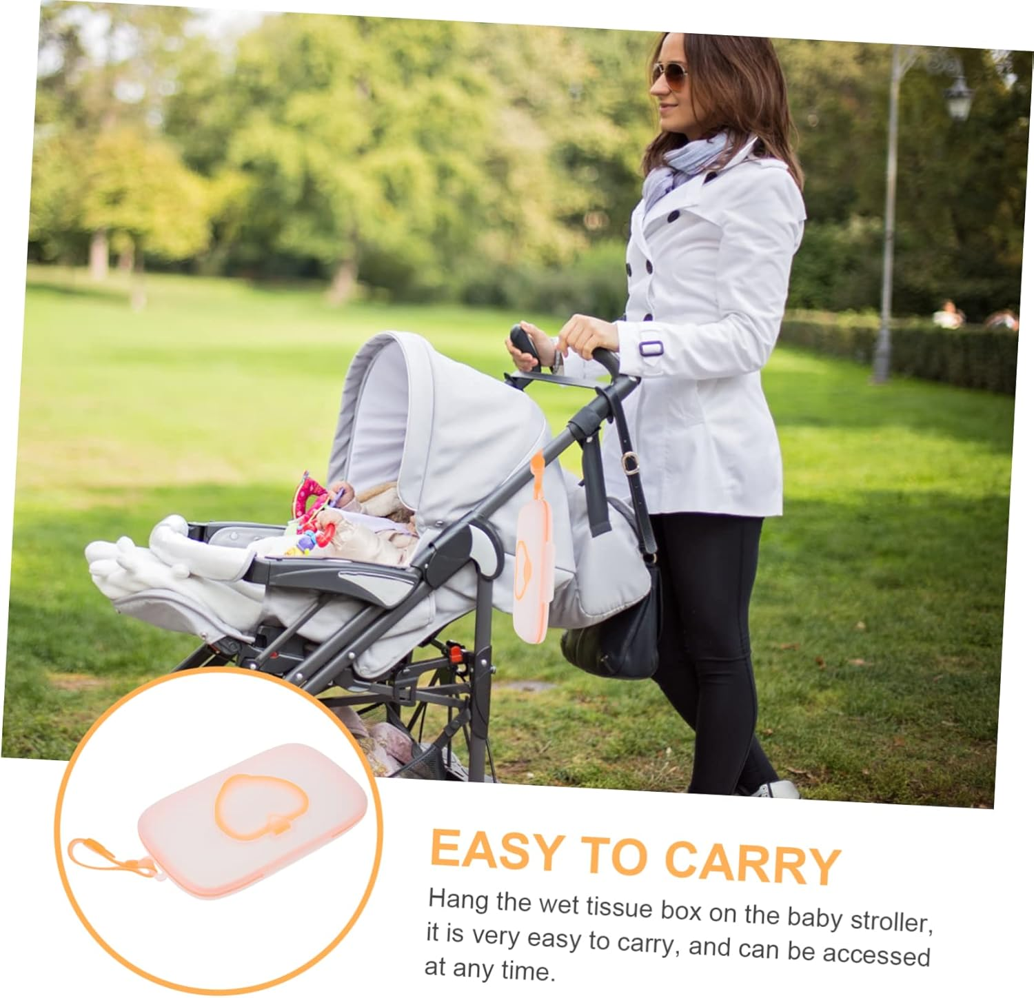 Portable Baby Wet Tissue Box Hanging Case Lid, White and Orange Infant Wipes Holder for Outdoor Travel and Home Use image number 6