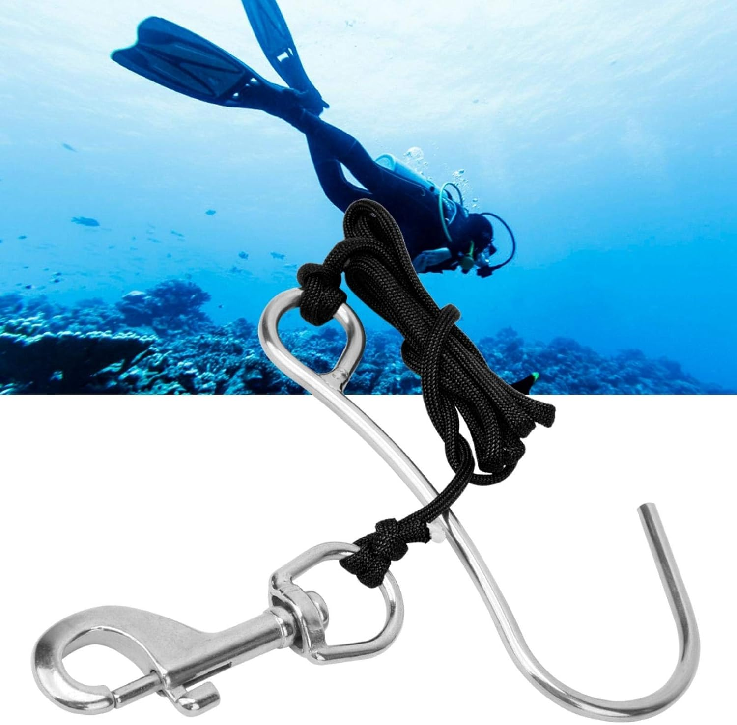 Single Reefs Hook, Scuba Reefs Hook Line Snare Drift Diving Hook Scuba Hanger Supplies Stainless Steel Clip Equipment with Quick Release Buckle and Dive Spring Coil - Black image number 2