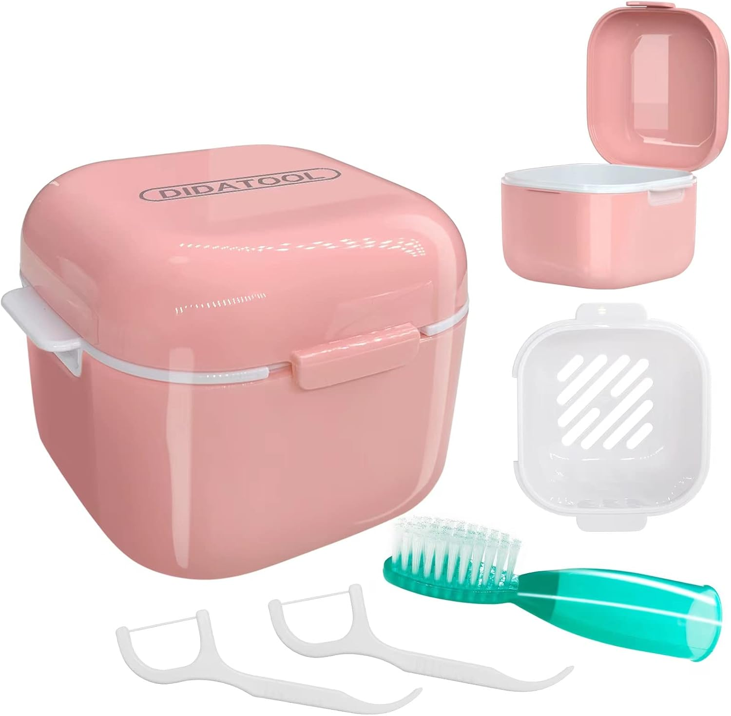 Retainer Case, Denture Bath, Denture Cups for Soaking Dentures, Denture Pots with Lid, Easy to Carry and Clean Denture Case with Removable Rinse Basket and Finger Toothbrush