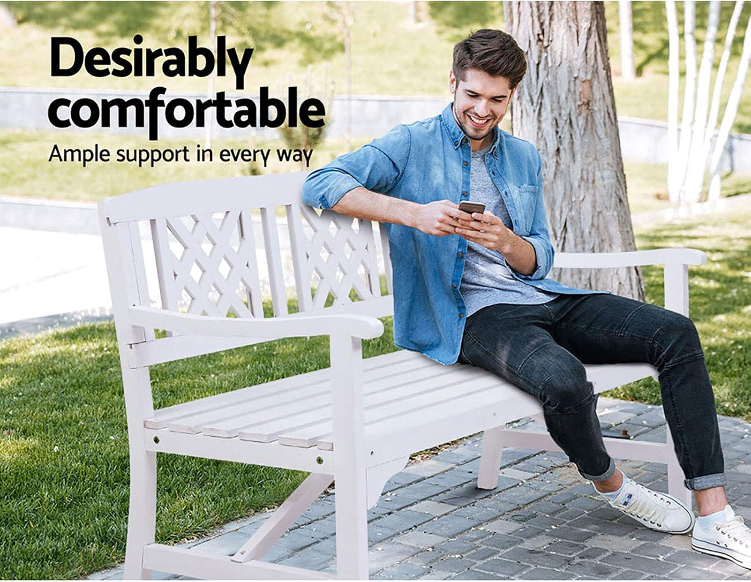 Gardeon Outdoor Garden Bench Seat, 142Cm Length Wooden Benches Relax Lounge Chair Dining Chairs Lounger Park Patio Porch Backyard Terrace Balcony Kids Furniture, with Water Based Paint White image number 6