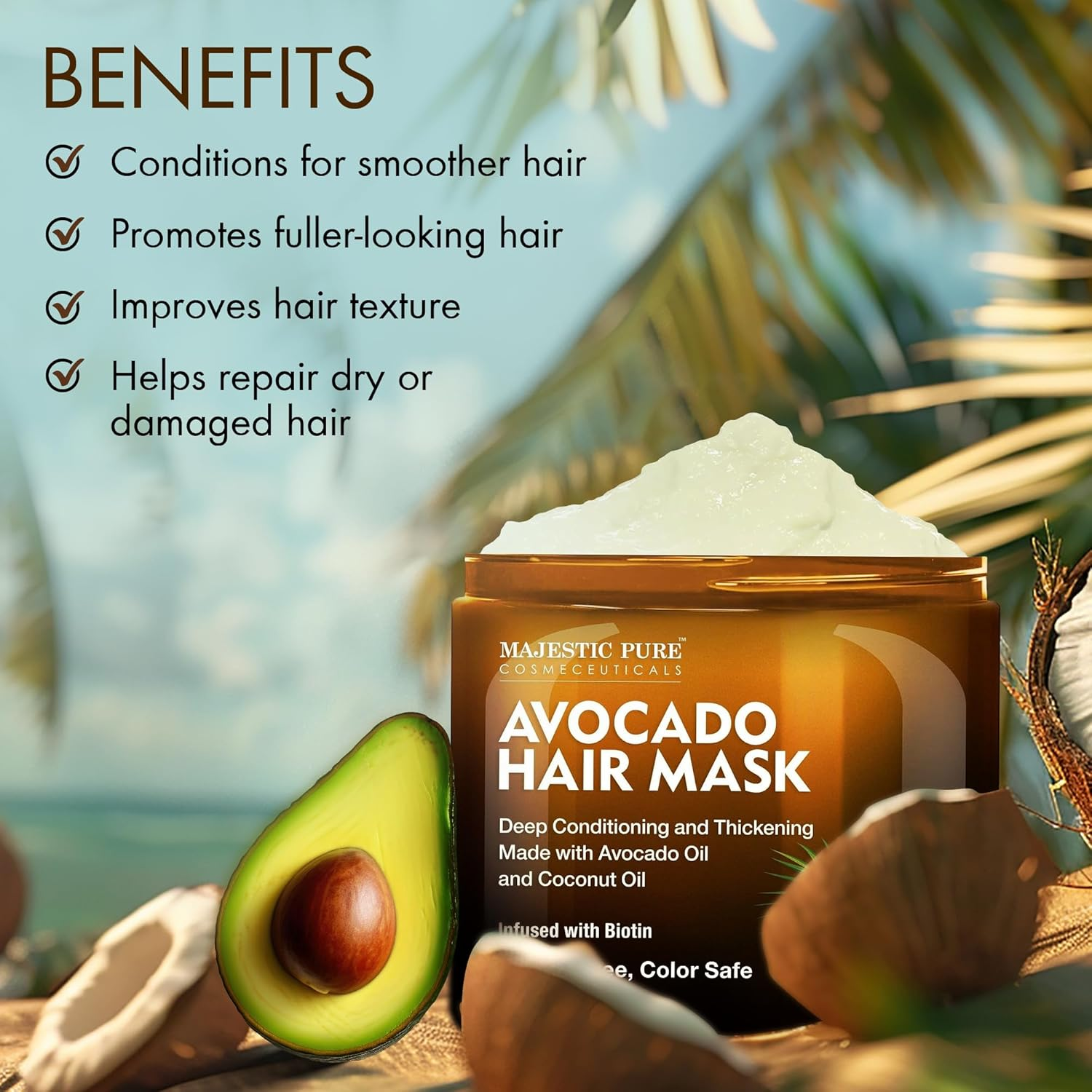 Majestic Pure Avocado and Coconut Hair Mask for Dry Damaged Hair - Infused with Biotin - Deep Conditioning, Hair Thickening, for Healthy Hydrated Hair, Sulfate Free, 16 Fl Oz image number 3