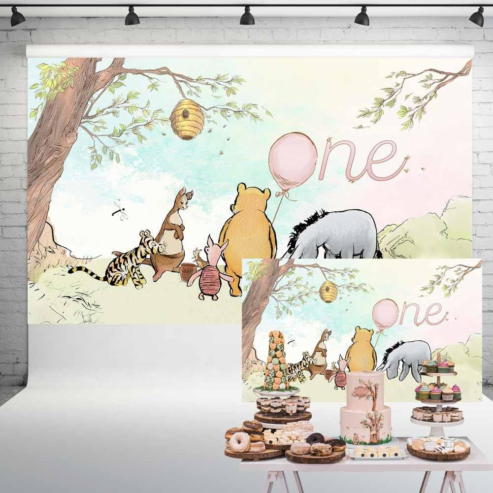 Vintage Pooh Bear Backdrop 1St Birthday Girl Watercolor Tree Pastel Sky Pink Balloon One Year Old Birthday Decorations Background Classic Pooh Cake Table Banner 5X3 Ft 146 image number 2