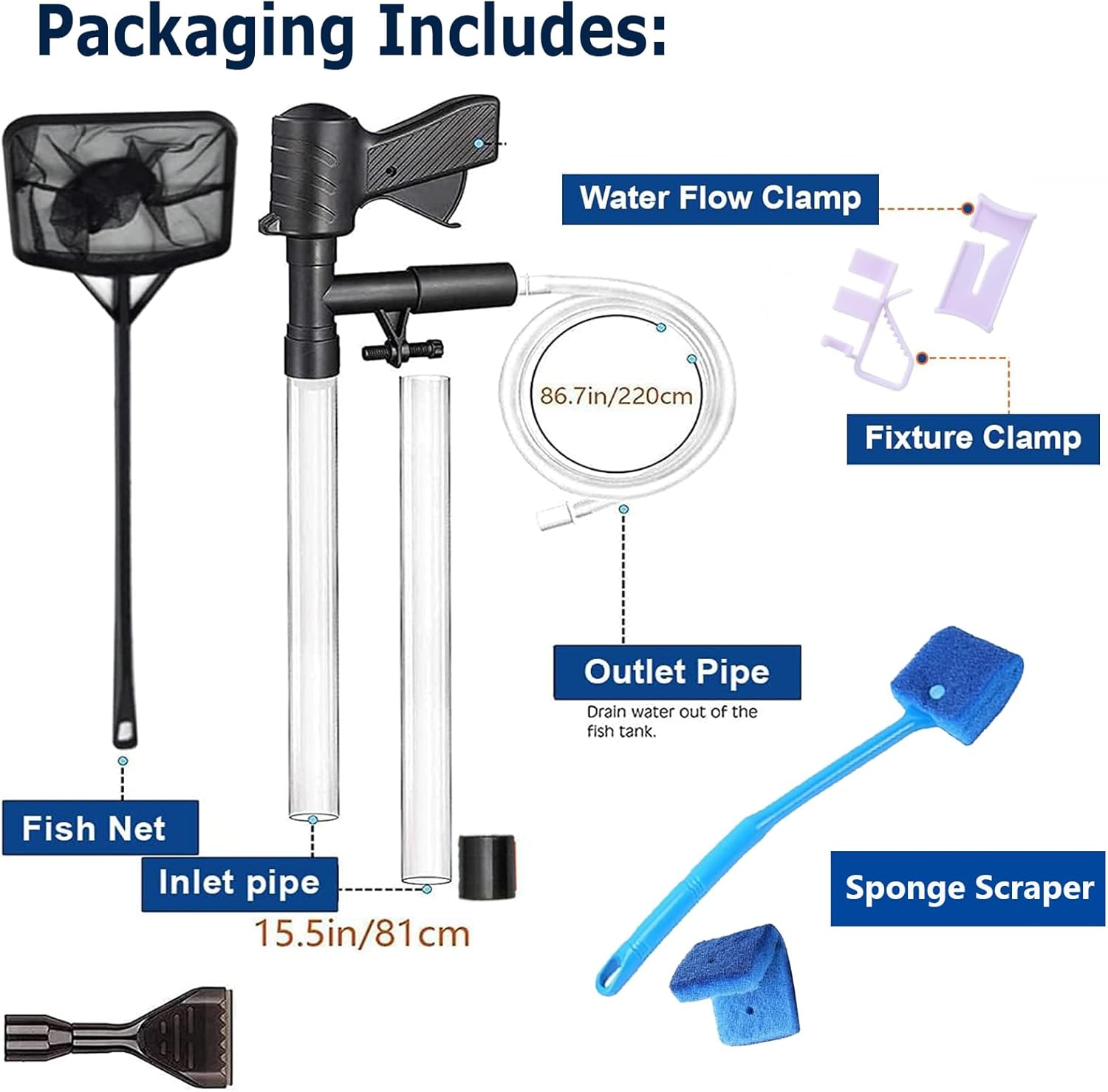 Fish Tank Vacuum Gravel Cleaner,Aquarium Water Changer with Air Push Button,Fish Tank Cleaner Kit with Sponge Brush Algae Scraper,Fish Net Use for Fish Tank Cleaning Gravel and Sand image number 3