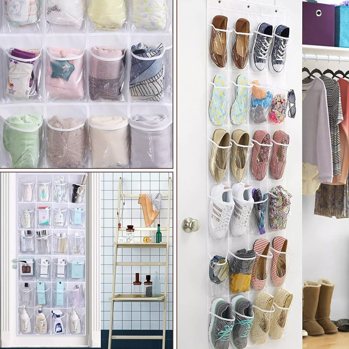 AIMALL 24-Pocket Over-The-Door Shoe Organizer, Hanging Shelf Storage with Stainless Steel Hooks, Durable Non-Woven Polyester, Space-Saving, 17.7X53 Inches
