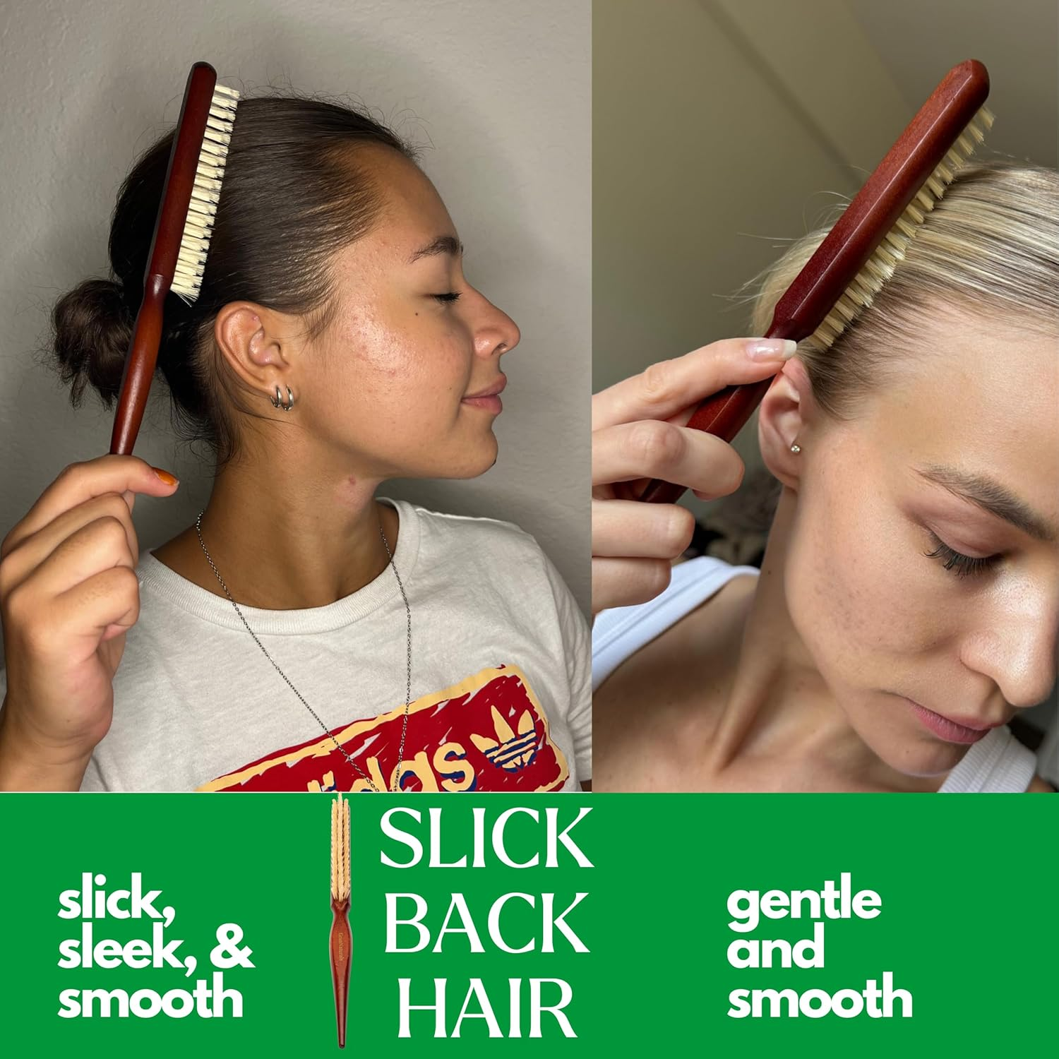 Grannaturals Soft Boar Bristle Teasing Brush for Slick Back Hair, Backcombing, Edge Control, Smoothing Baby Hairs to Create Volume and Sleek Hairstyle - White Bristles - Wooden Rat Tail Comb Handle image number 2