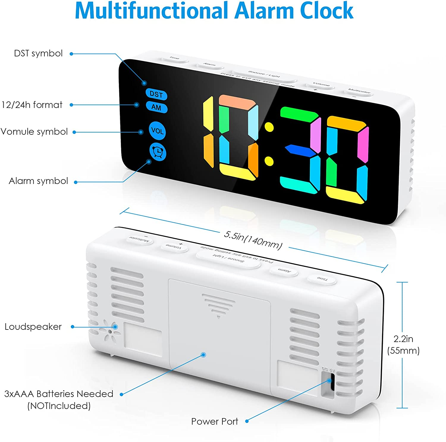AMIR Digital Alarm Clock, Colorful LED Digital Clock with 7 RGB Digital, 4 Dimmable Backlight, 3 Adjustable Volumes, Snooze, 12/24Hr, USB Power Kids Clock for Heavy Sleepers Kids - Colorful image number 4