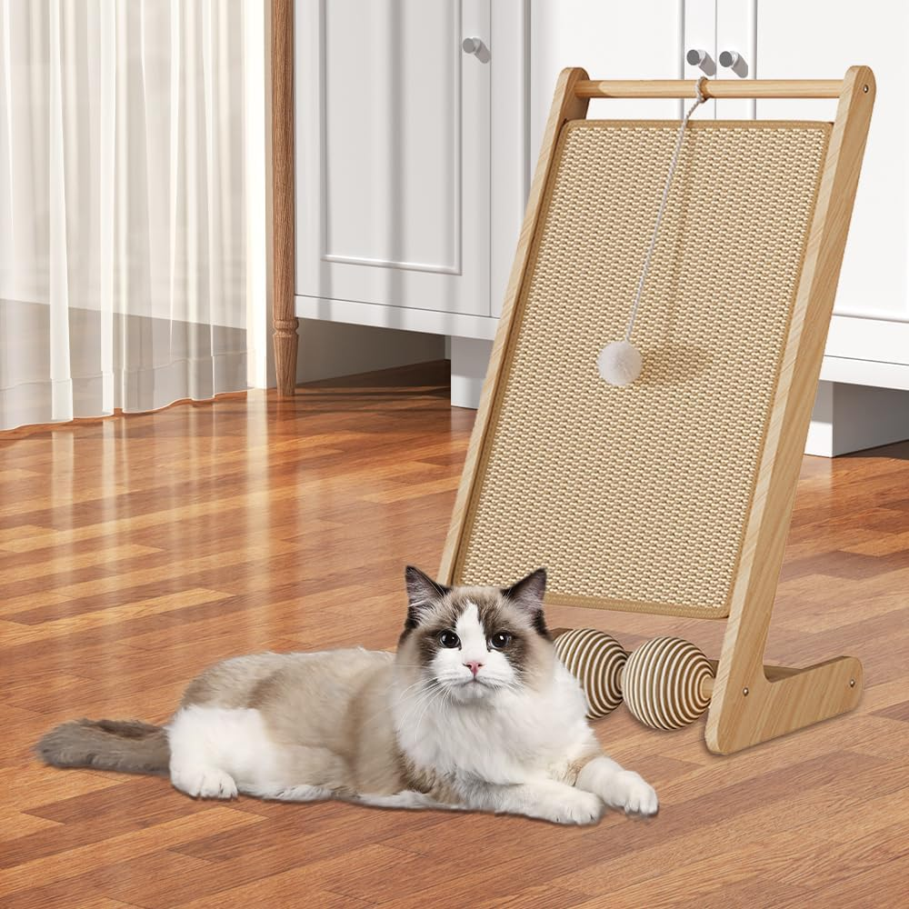 L-Shaped Standing Cat Scratcher with Toy Ball, Durable Natural Sisal & Solid Wood, Vertical Cat Scratching Board, Modern & Space-Saving Cat Furniture, Suitable for Indoor Cats Small Pets image number 6