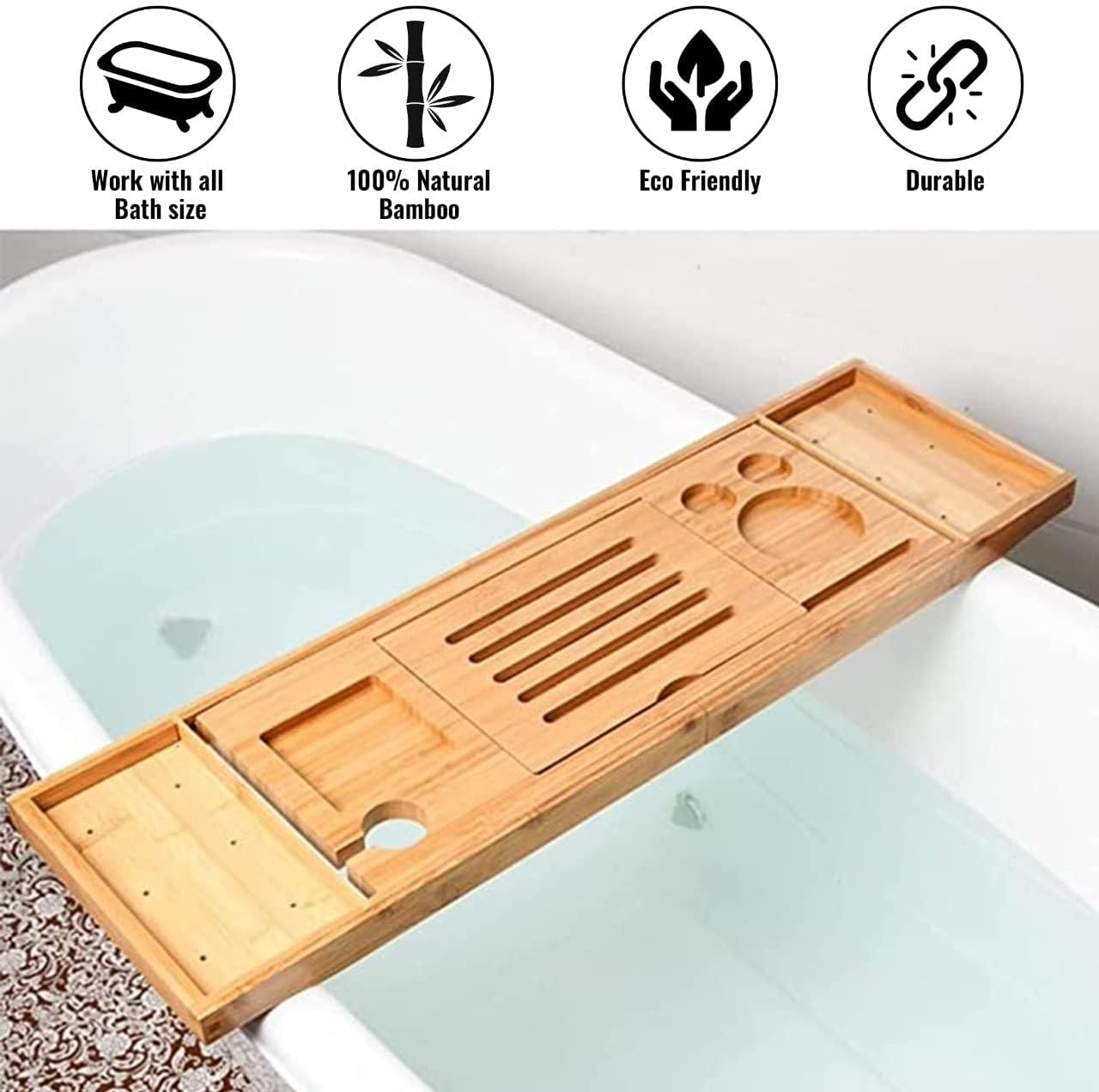 Bath Caddy Tray for Bathtub, Bathroom Bathtub Tray with Table Holder - Birthday Gifts for Women, Warming Gifts, Adjustable Bath Tray Bamboo Bathroom Accessories (Natural) image number 4