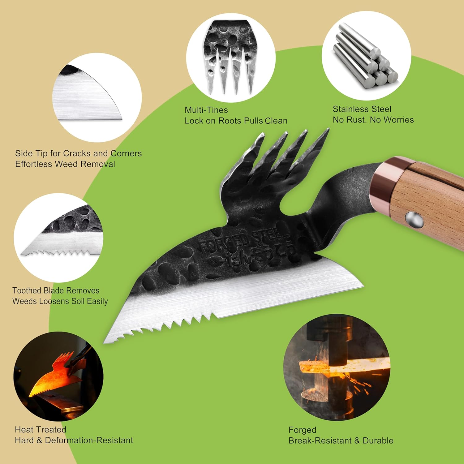 AON All-Purpose Japanese Weeding Sickle & Razor Hand Hoe, Forged Steel Weed Puller Tool with Sharp Edge & 4-Tine for Digging, Weeding, Uprooting in Vegetable Gardening, Backyard or Raised Garden Beds image number 1