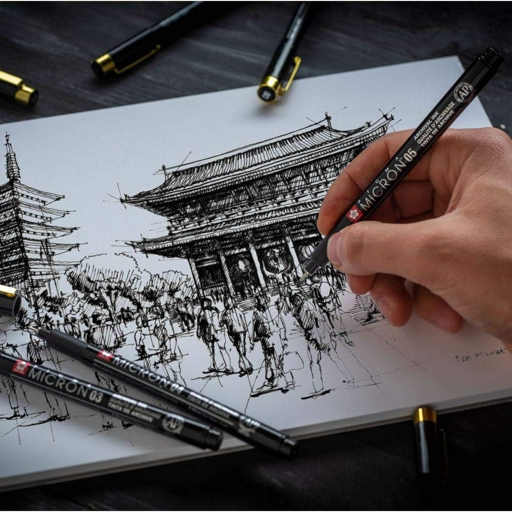 Sakura Pigma Micron Fineliners Pens - Black and Gold Edition - 005/01/02/03/05/08 - Black Ink - Wallet of 6