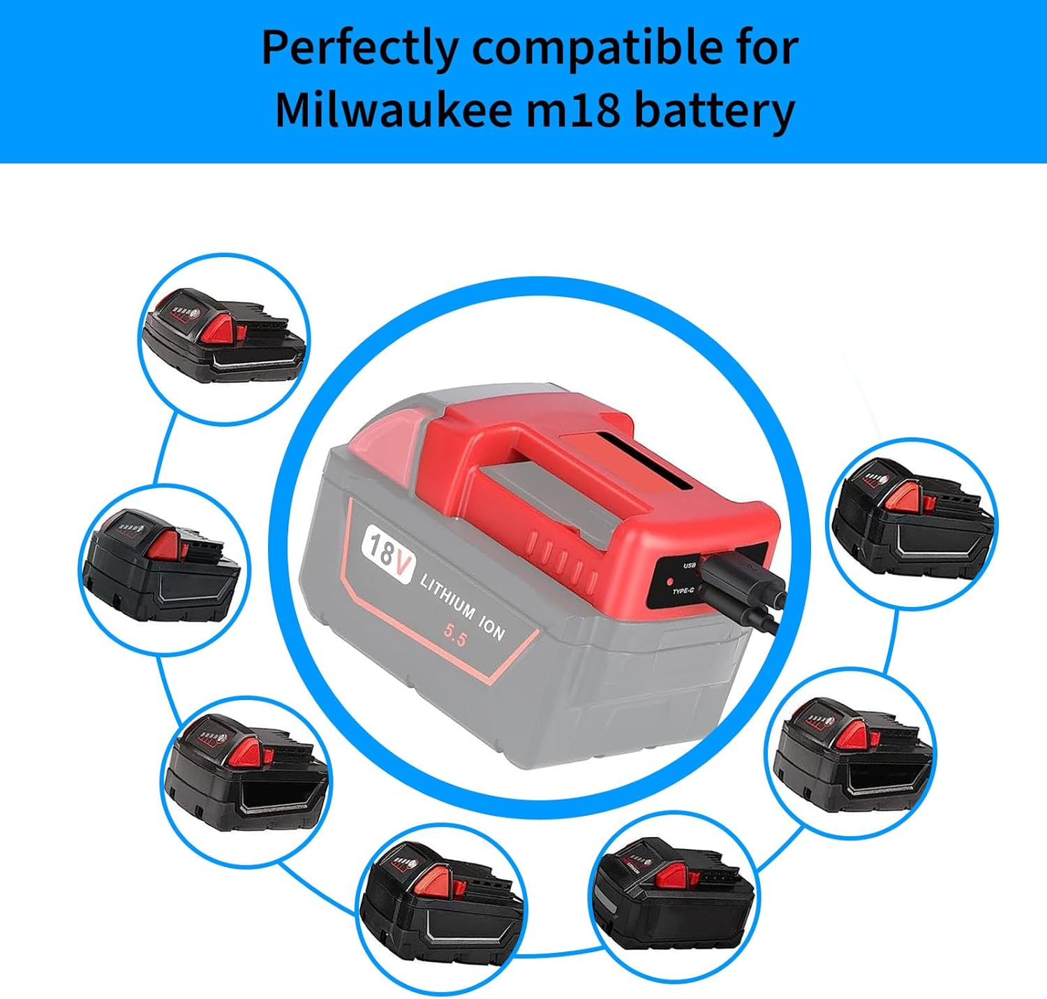2-Pack USB Charger Adapter for Milwaukee M18 Battery, Battery Charger with USB and Type-C Charging Port for MIL18V MAX Lithium Battery image number 5
